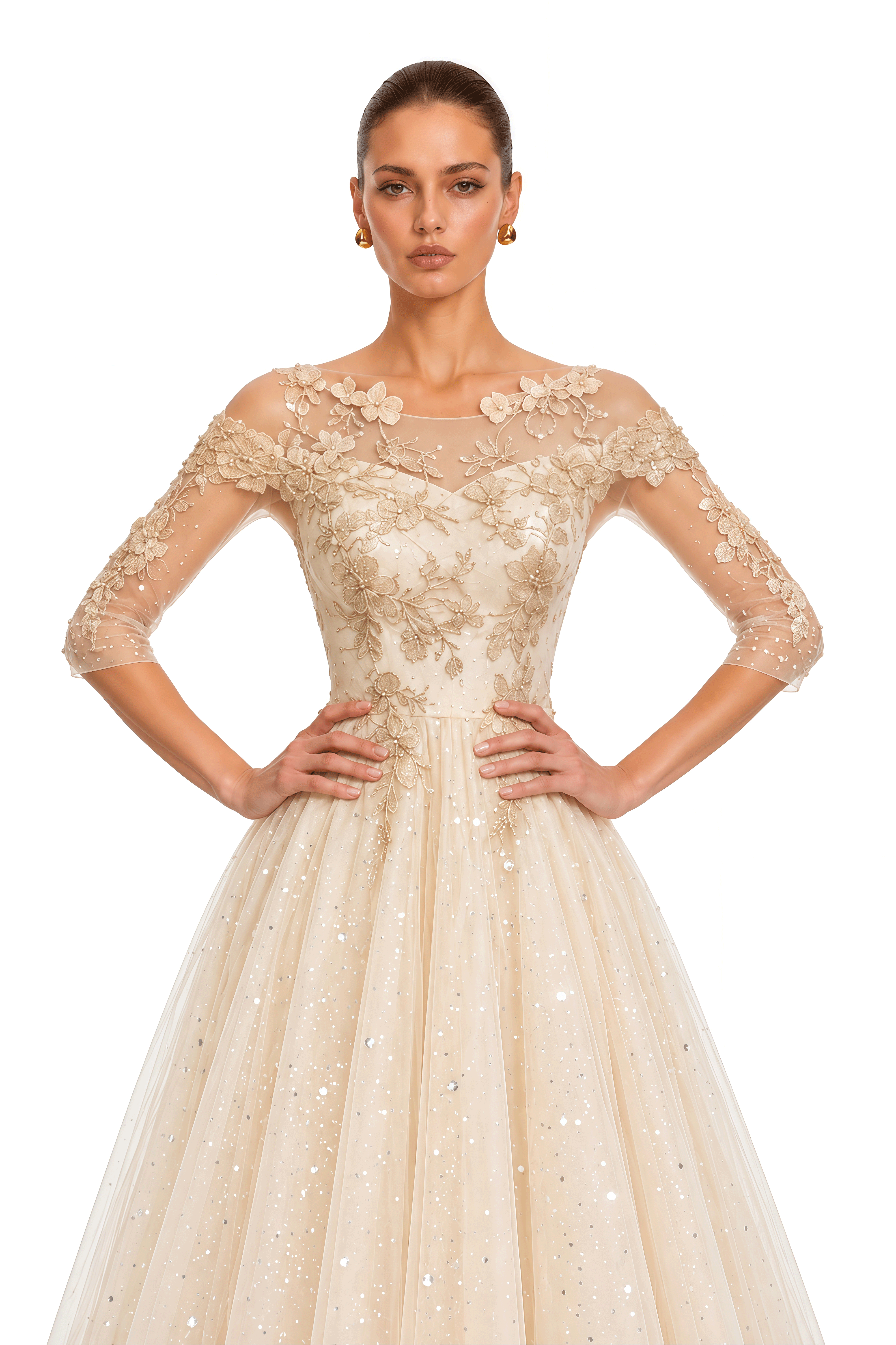 Eirlys Champagne Off Shoulder 3D Floral Tulle Maxi Dress