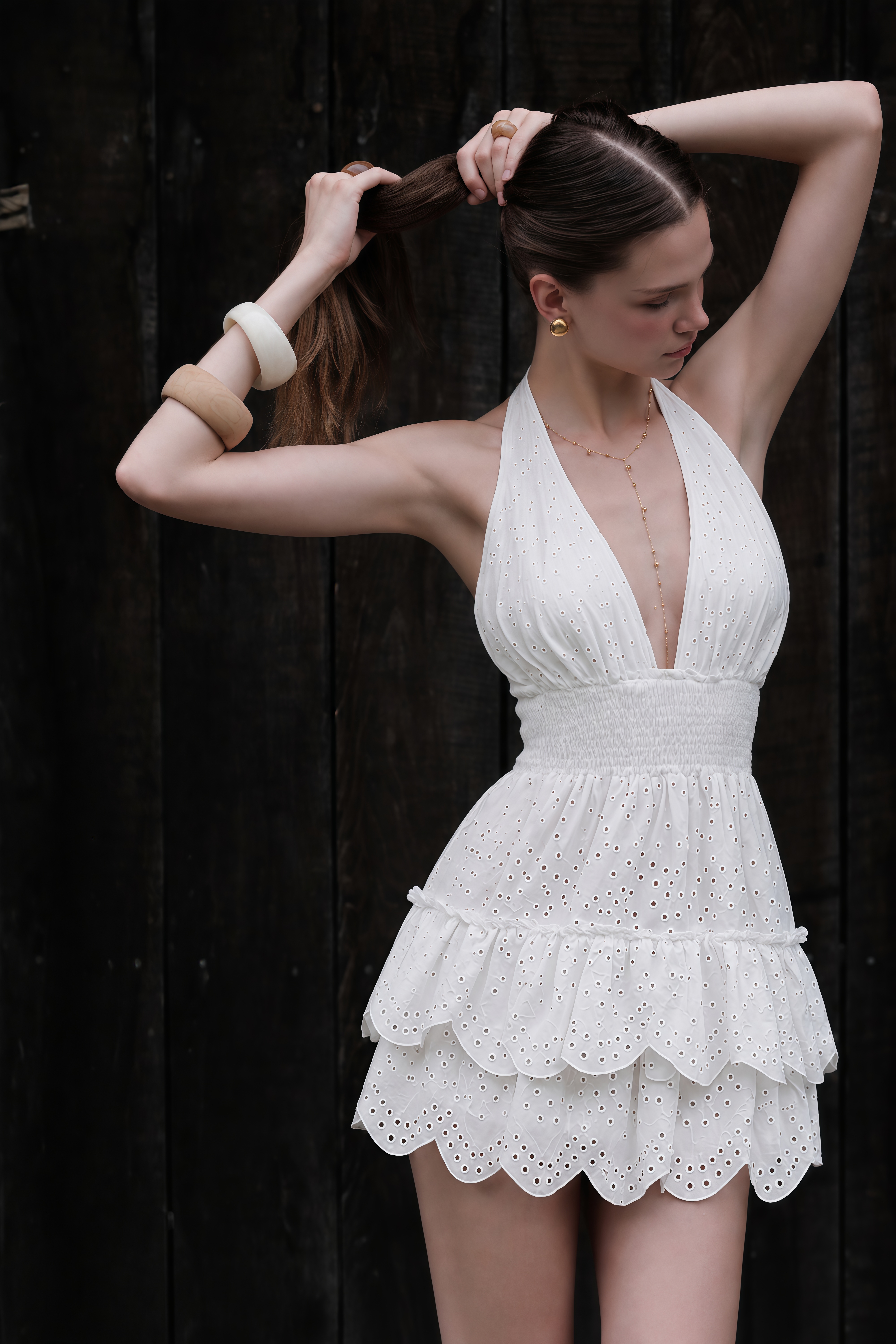 Eirlys White Eyelet Lace Halterneck Mini Dress
