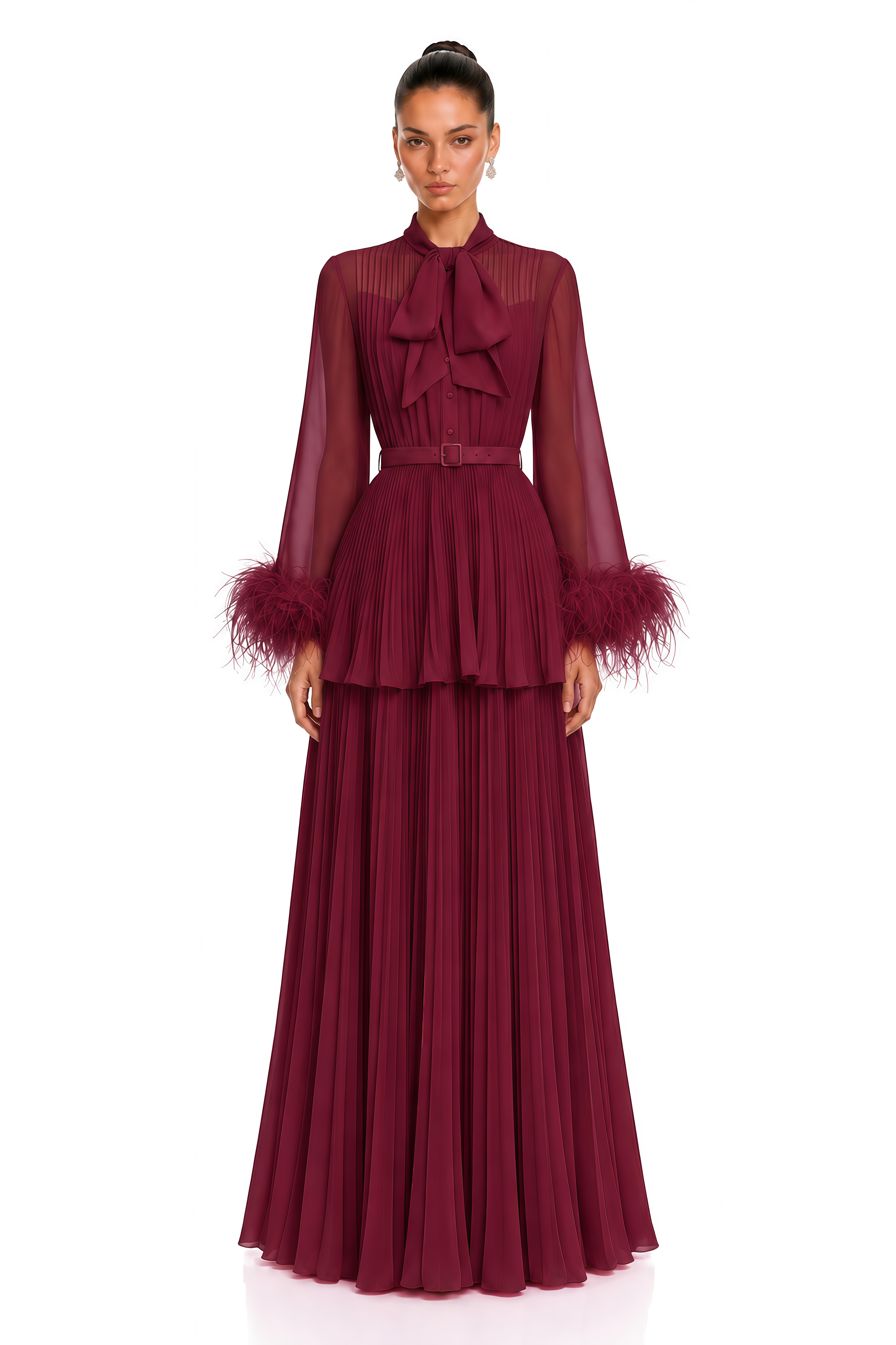 Eirwen Burgundy Feather Trim Blouse & Pleated Maxi Dress Set