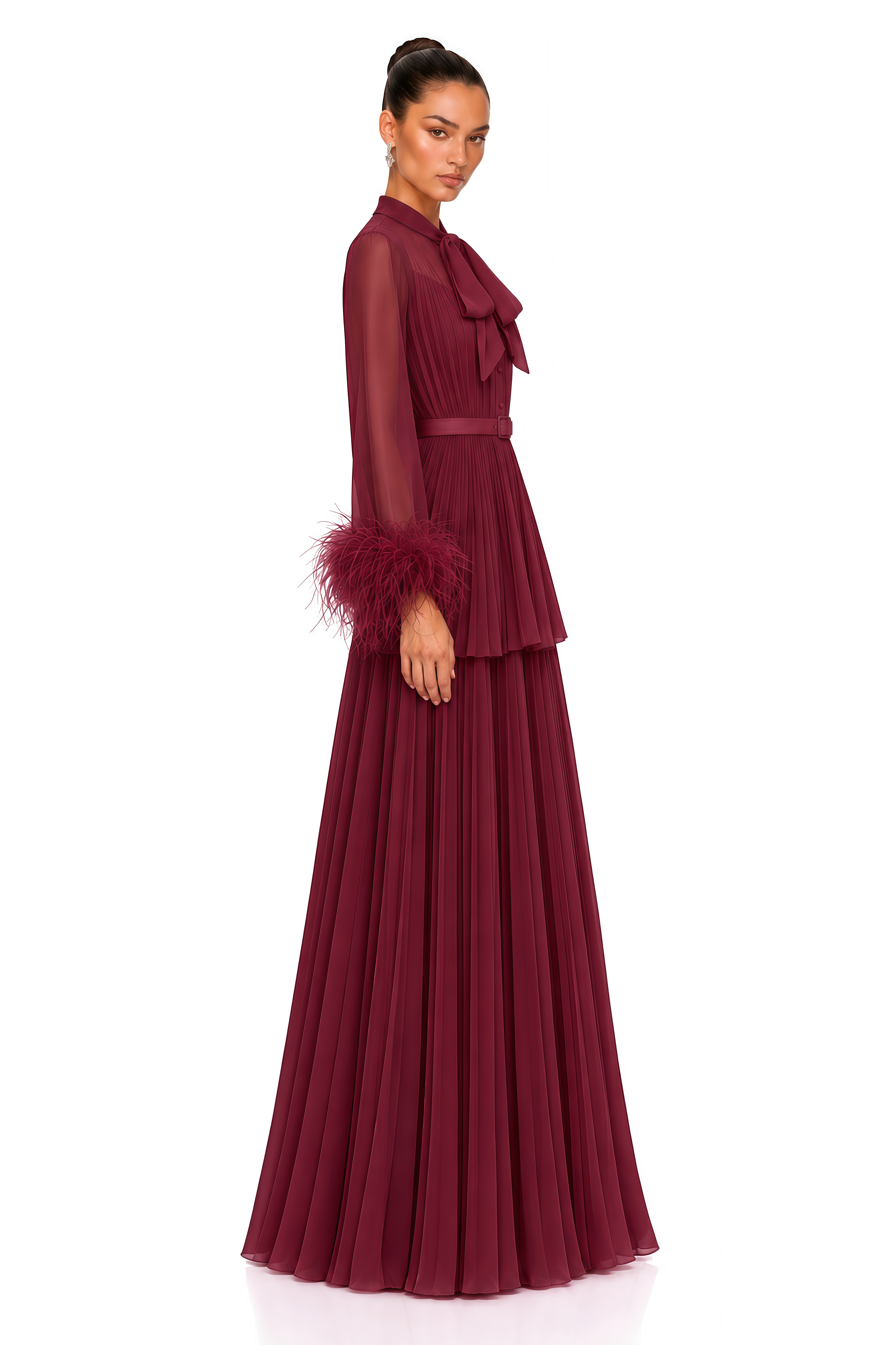 Eirwen Burgundy Feather Trim Blouse & Pleated Maxi Dress Set