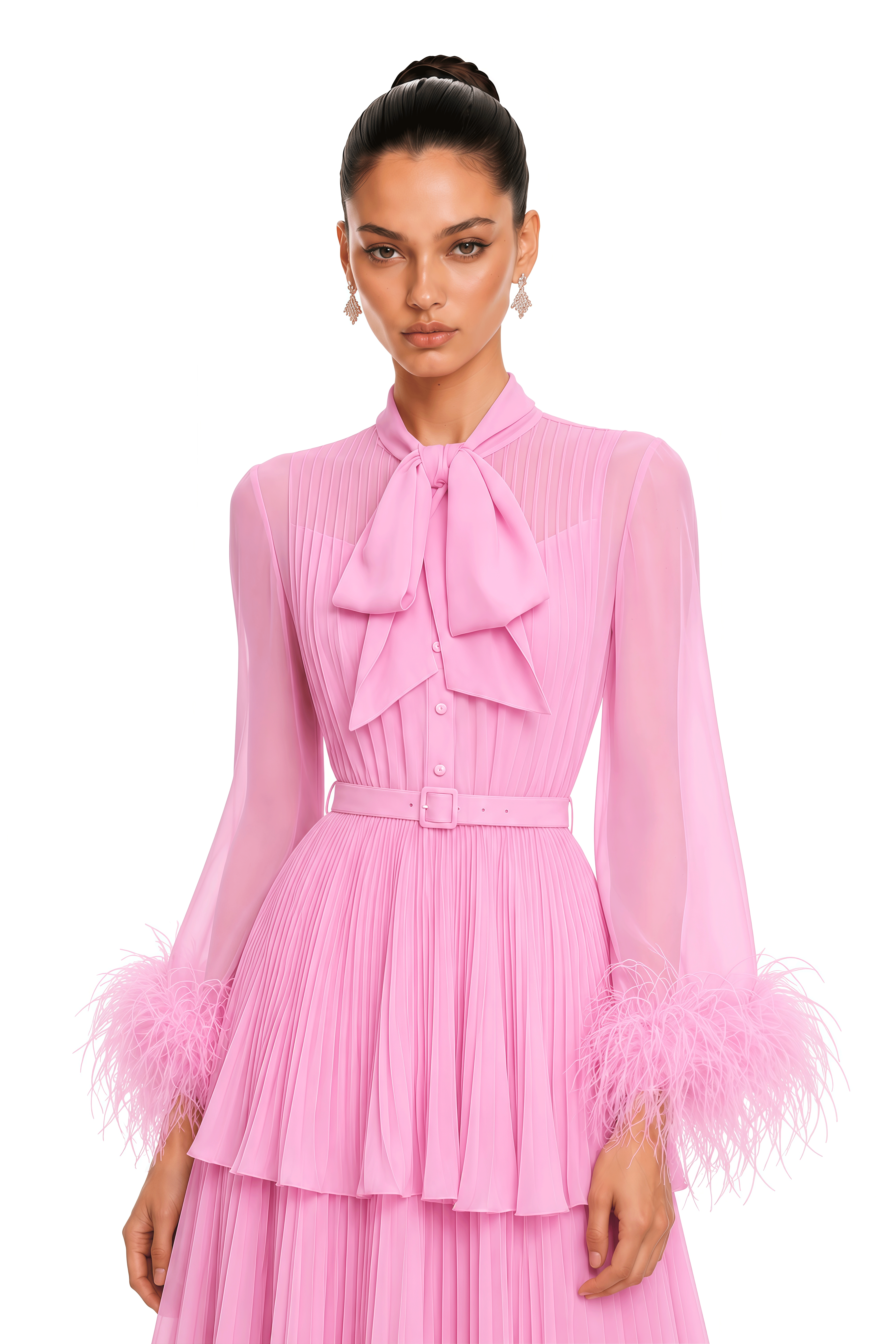 Eirwen Pink Feather Trim Blouse & Pleated Maxi Dress Set