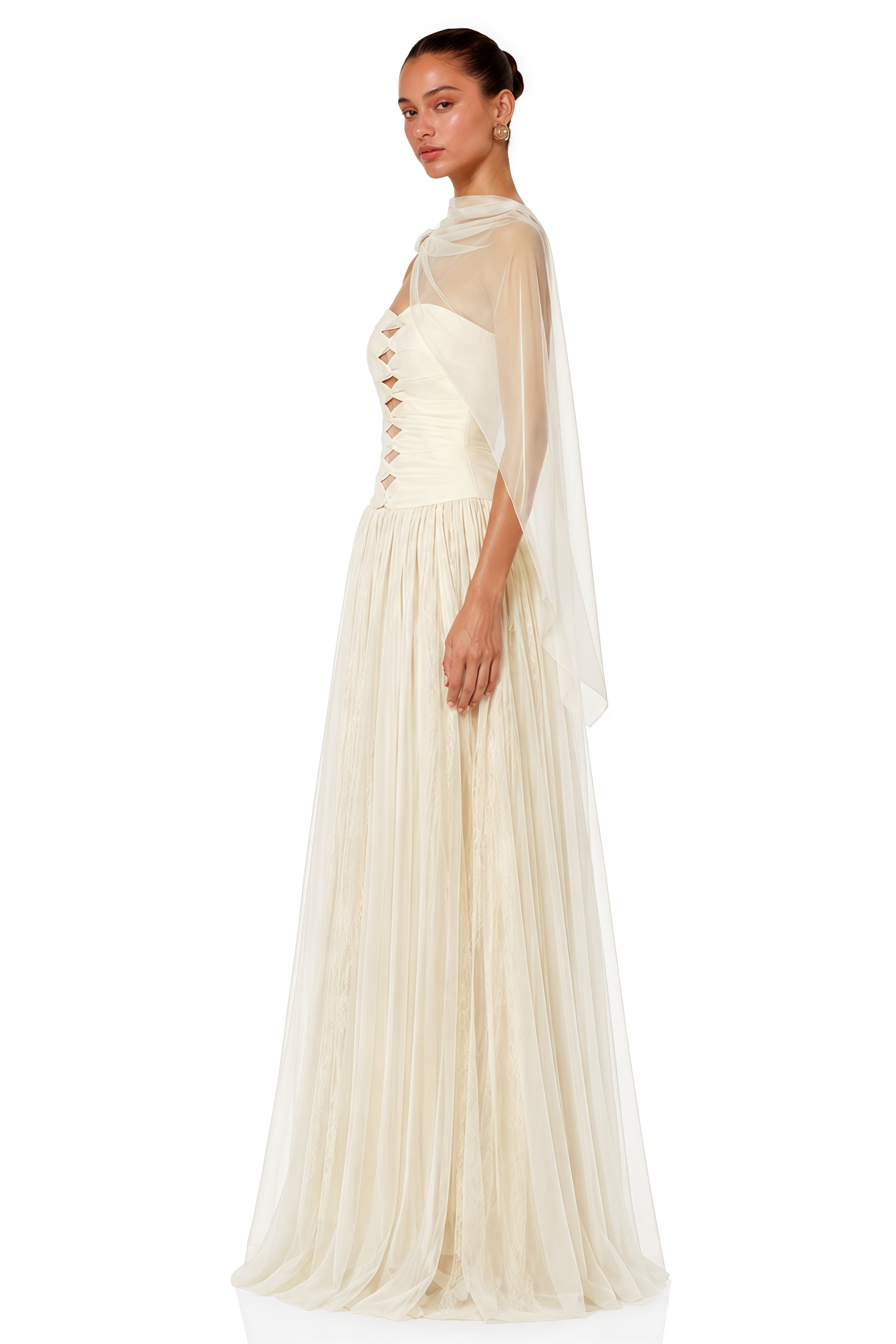 Ekaterina Neutral Off-Shoulder Cut-Out Mesh Maxi Dress