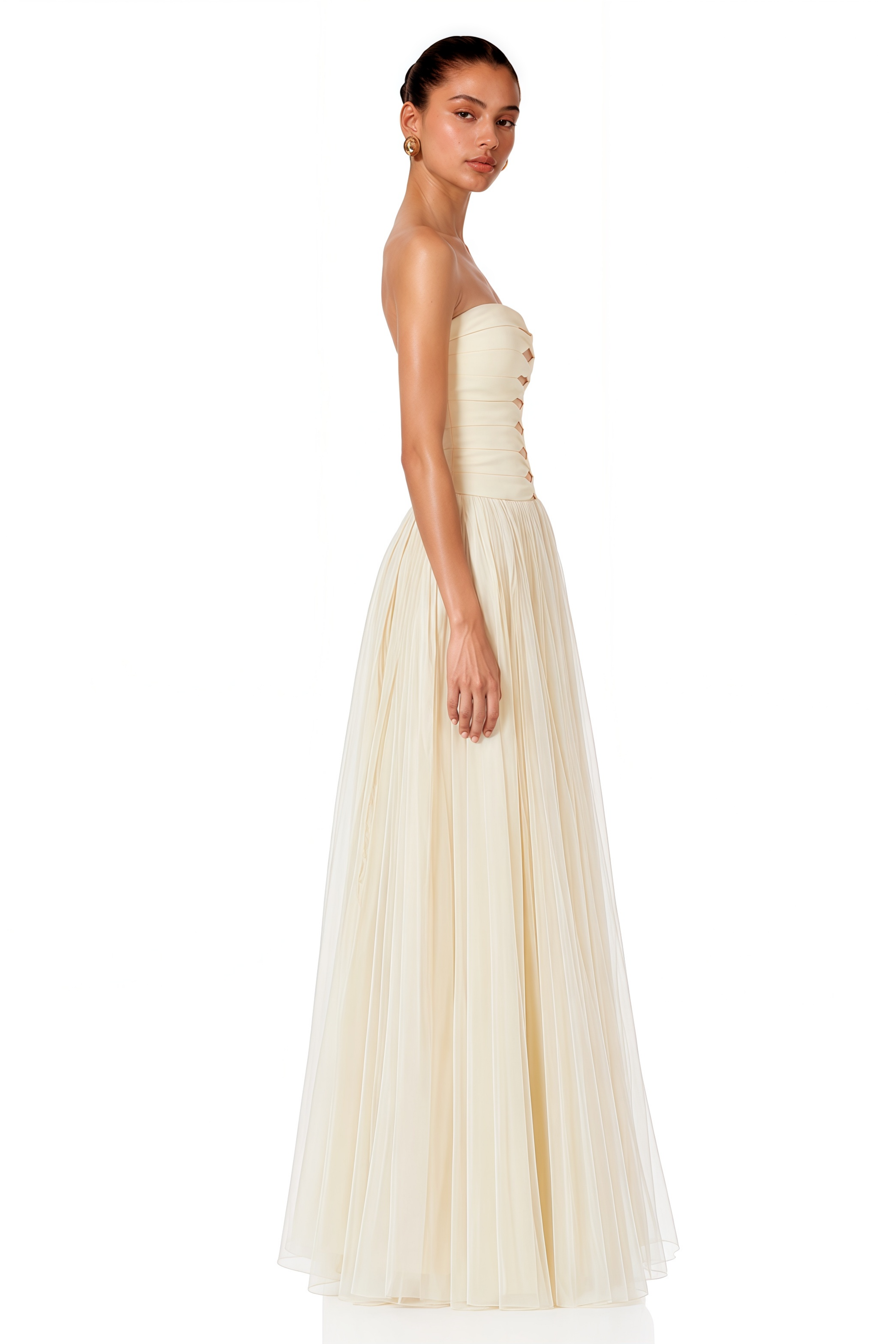 Ekaterina Neutral Off-Shoulder Cut-Out Mesh Maxi Dress