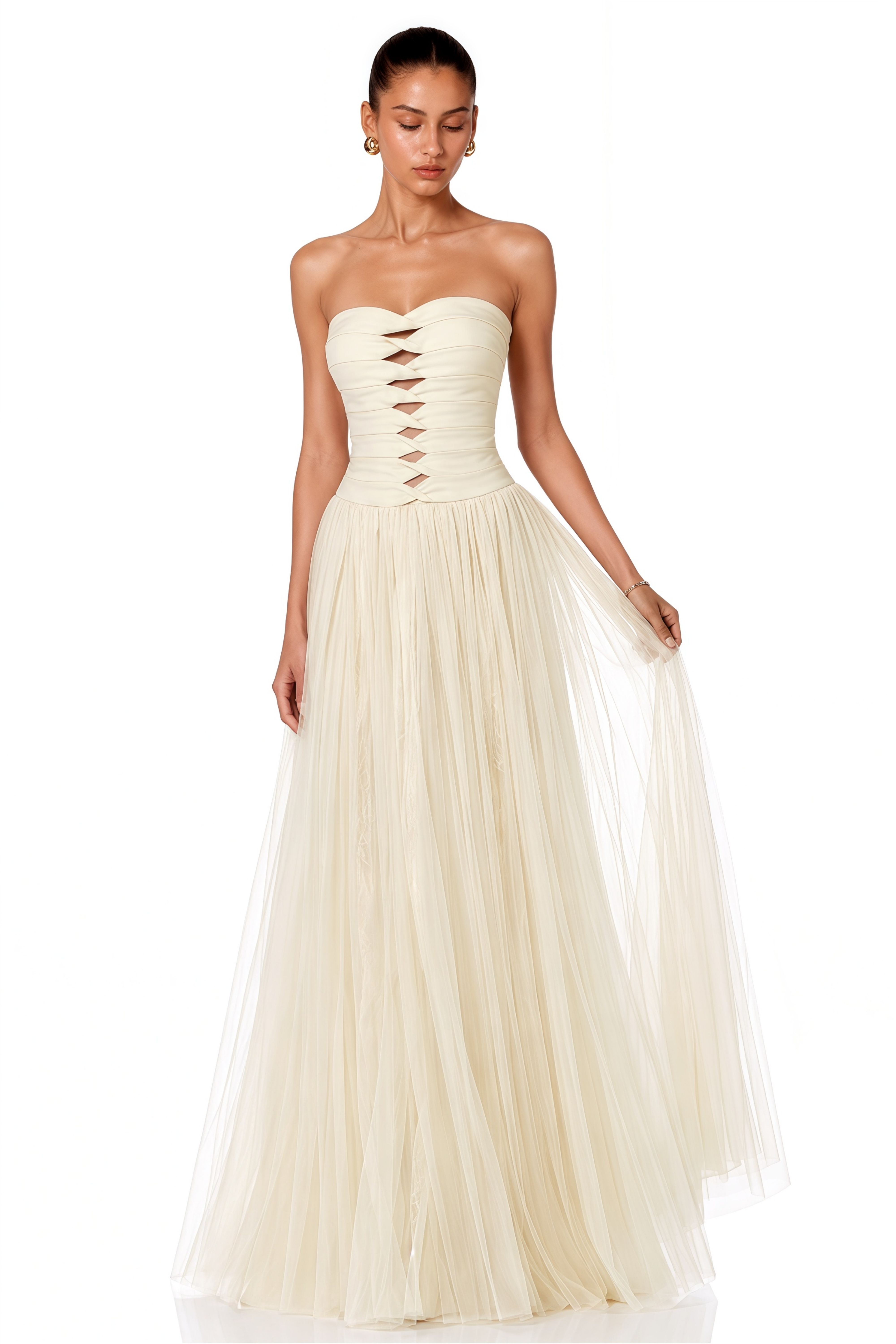 Ekaterina Neutral Off-Shoulder Cut-Out Mesh Maxi Dress