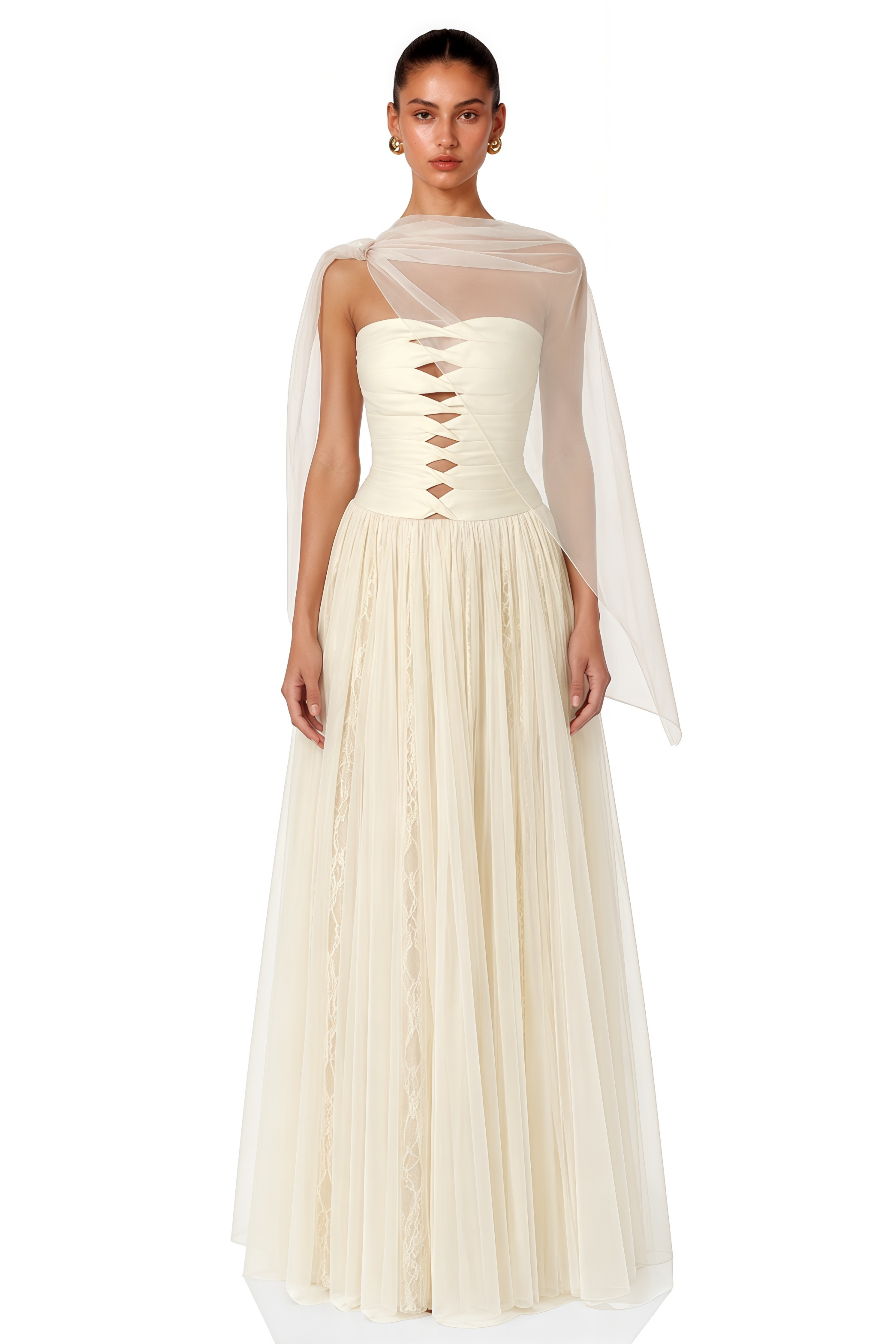 Ekaterina Neutral Off-Shoulder Cut-Out Mesh Maxi Dress