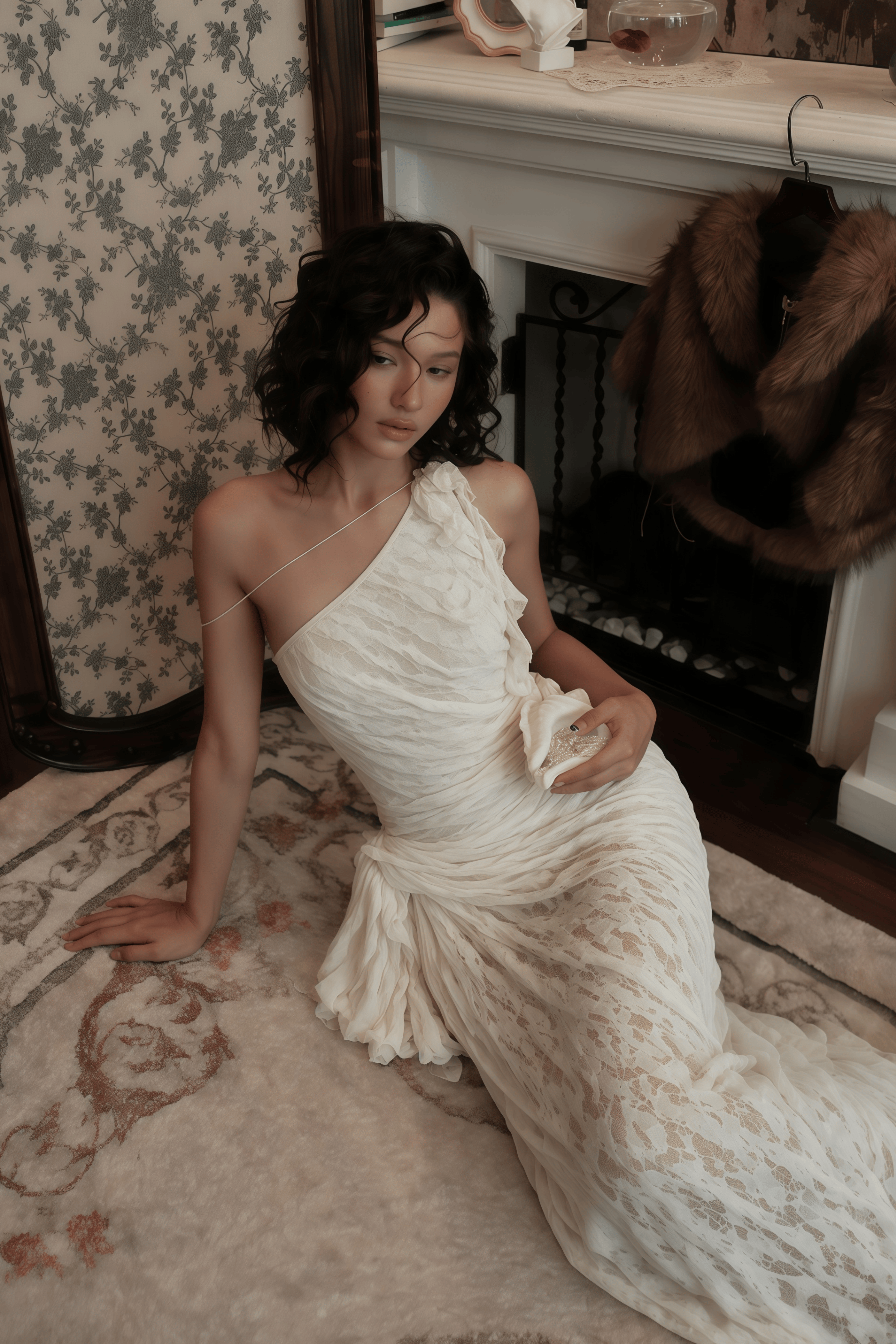 Ekaterina White One Shoulder Floral Lace Maxi Dress