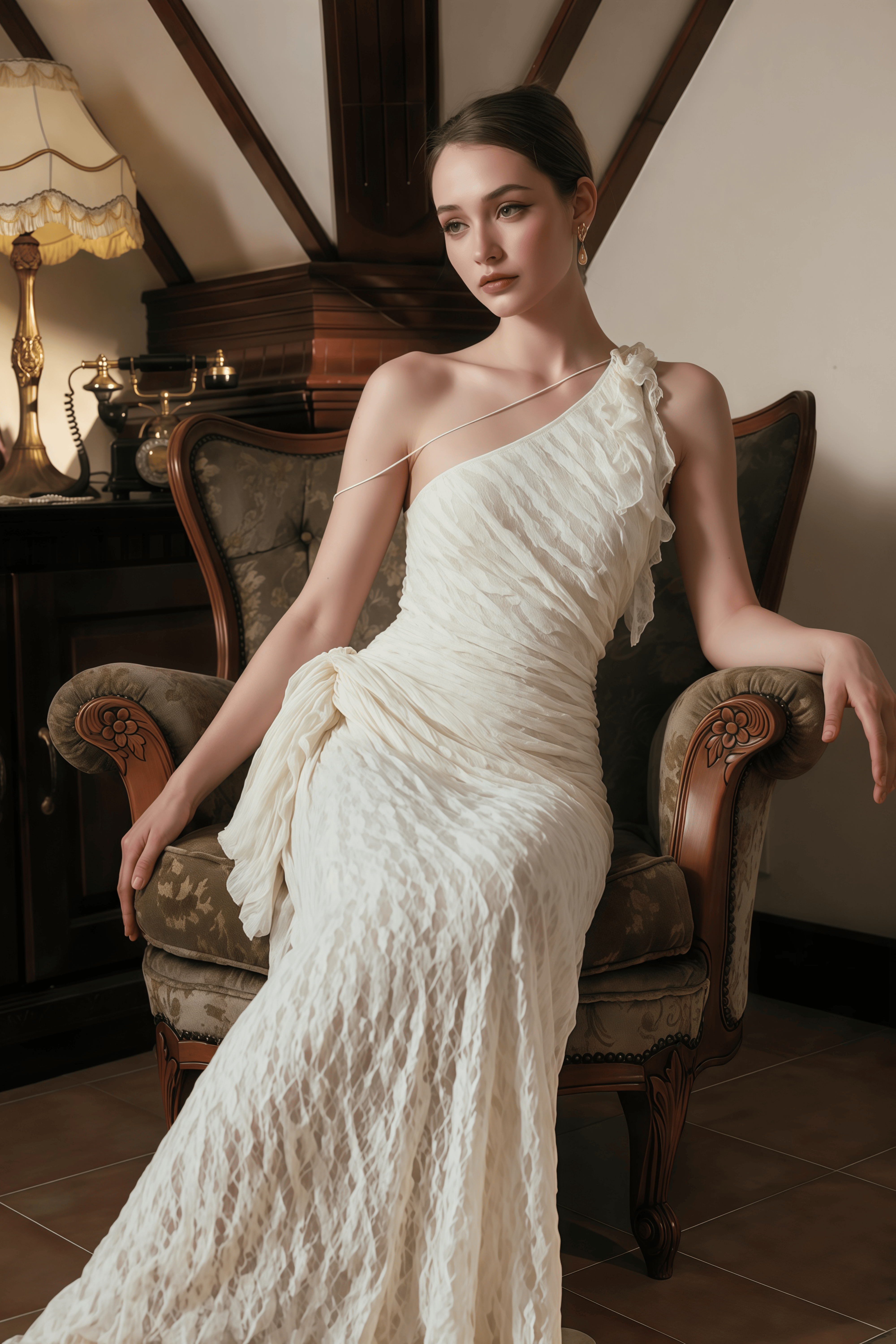 Ekaterina White One Shoulder Floral Lace Maxi Dress
