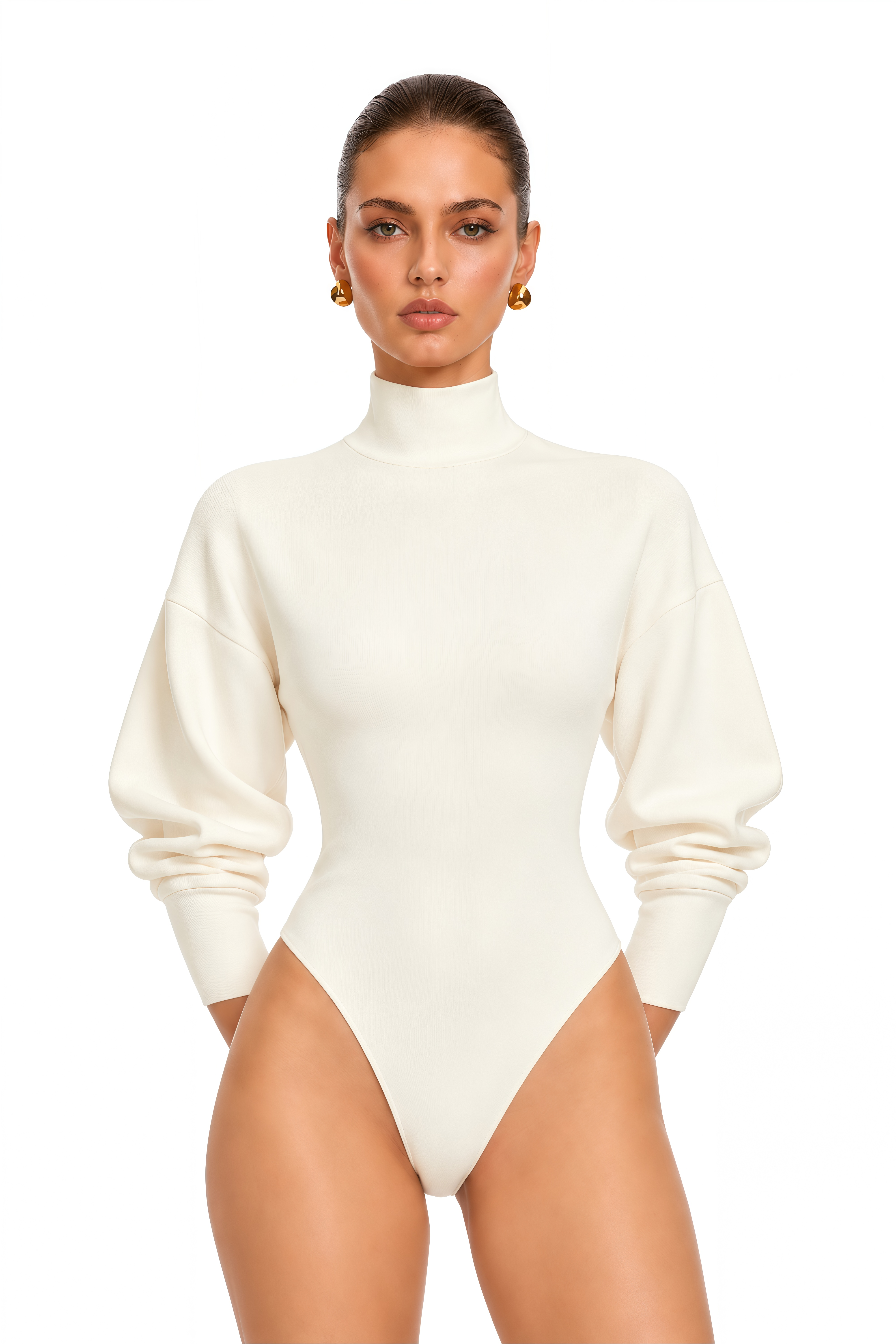 Elara Ivory High Neck Puff Sleeve Bodysuit