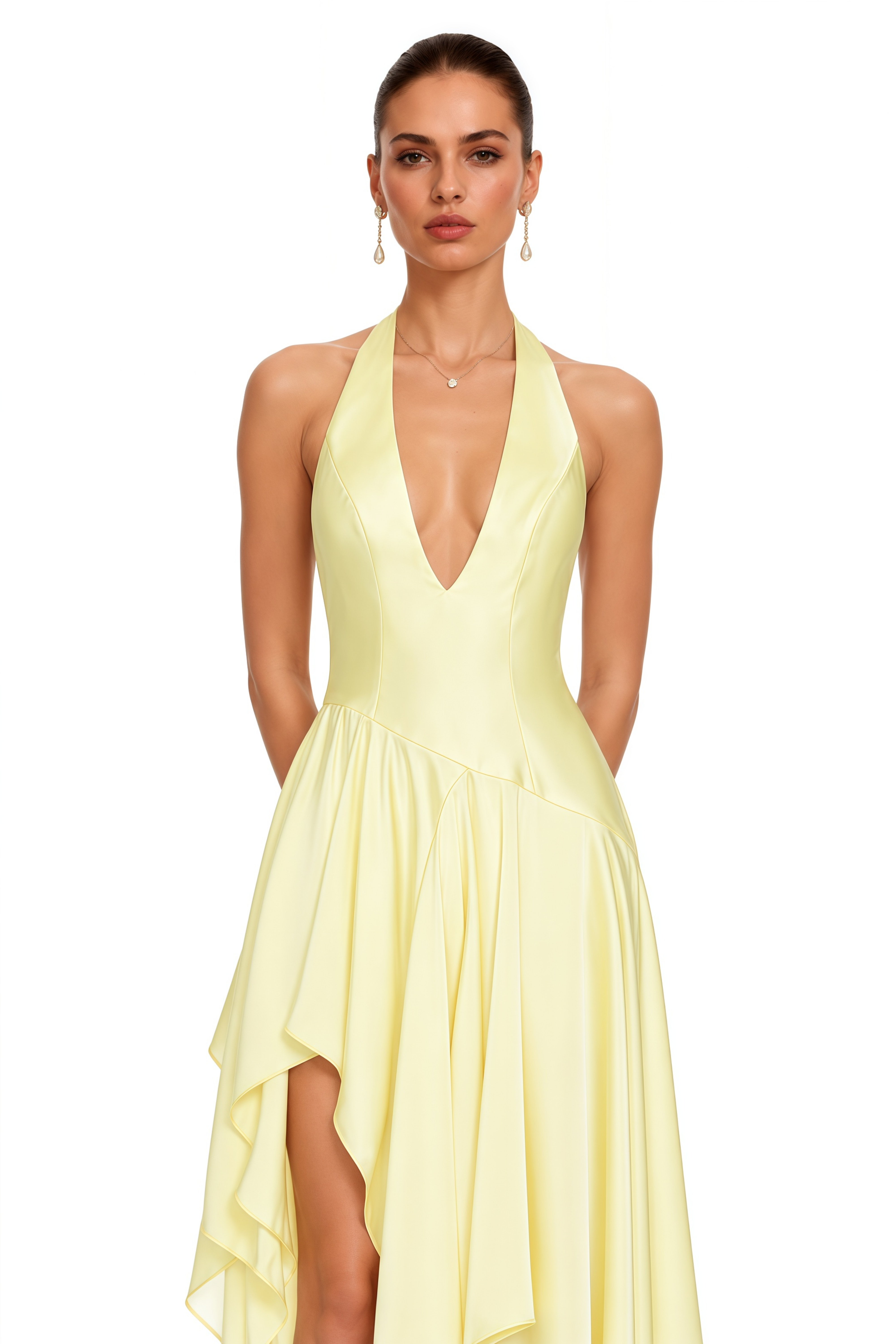 Elara Yellow Plunging Halterneck Asymmetric Maxi Dress
