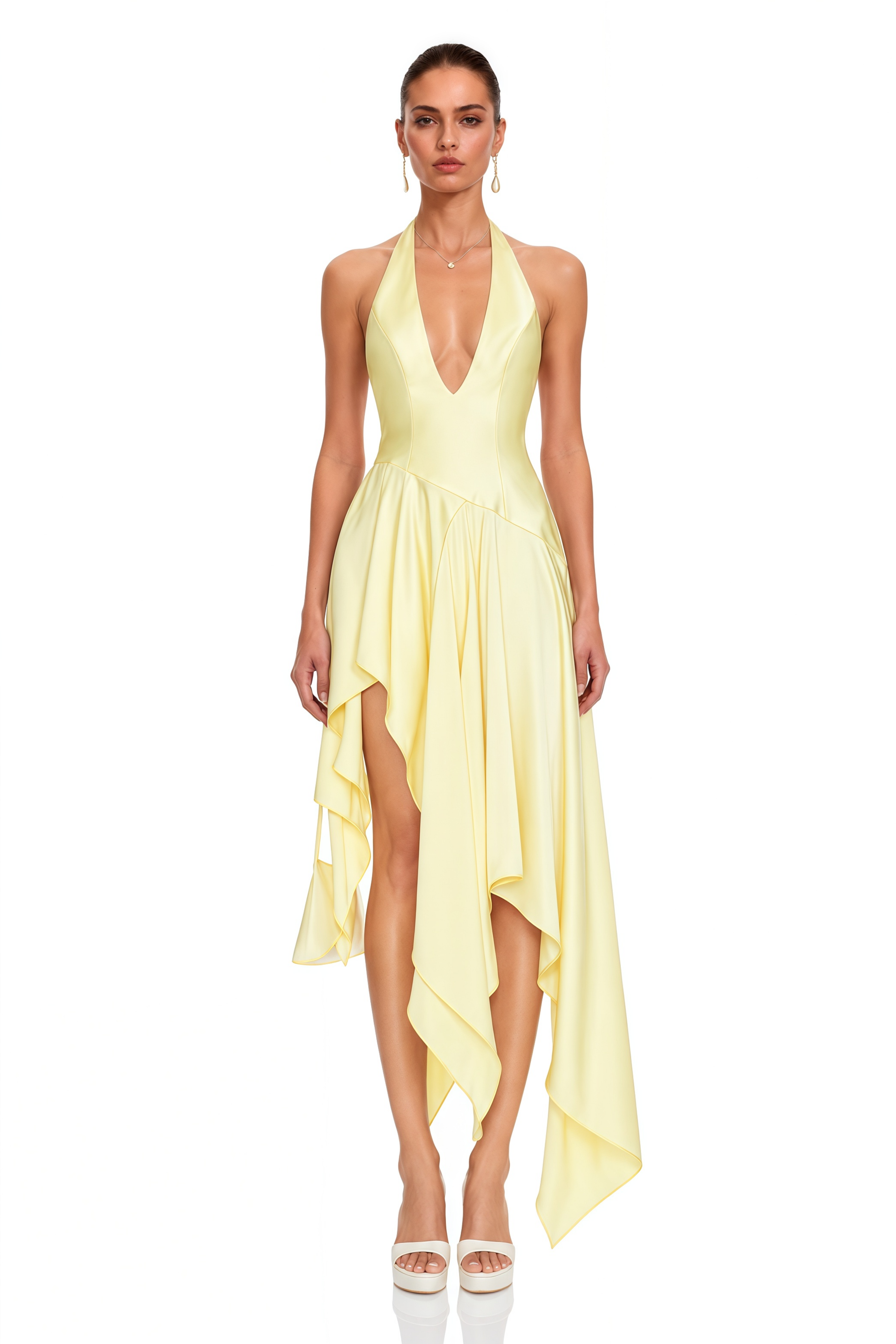 Elara Yellow Plunging Halterneck Asymmetric Maxi Dress
