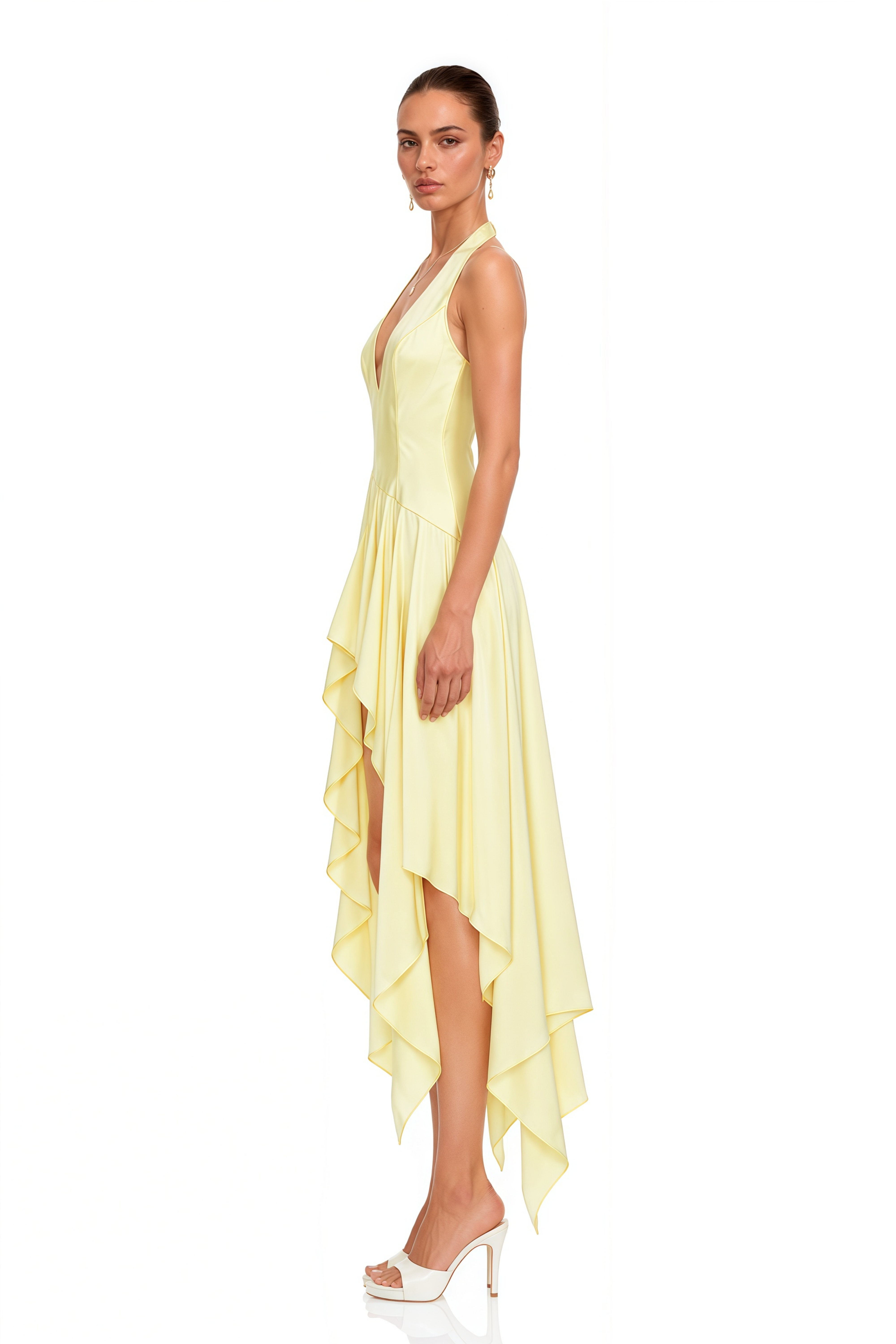 Elara Yellow Plunging Halterneck Asymmetric Maxi Dress