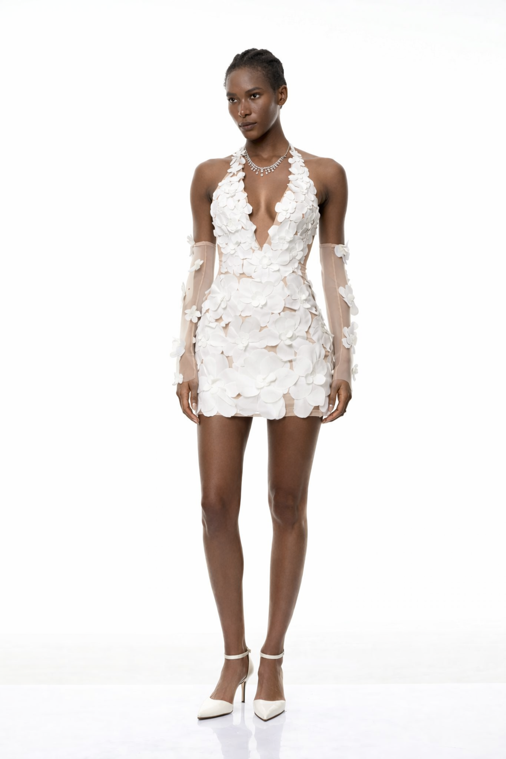 Embellished Halter-neck Mini Dress with 3D Floral
