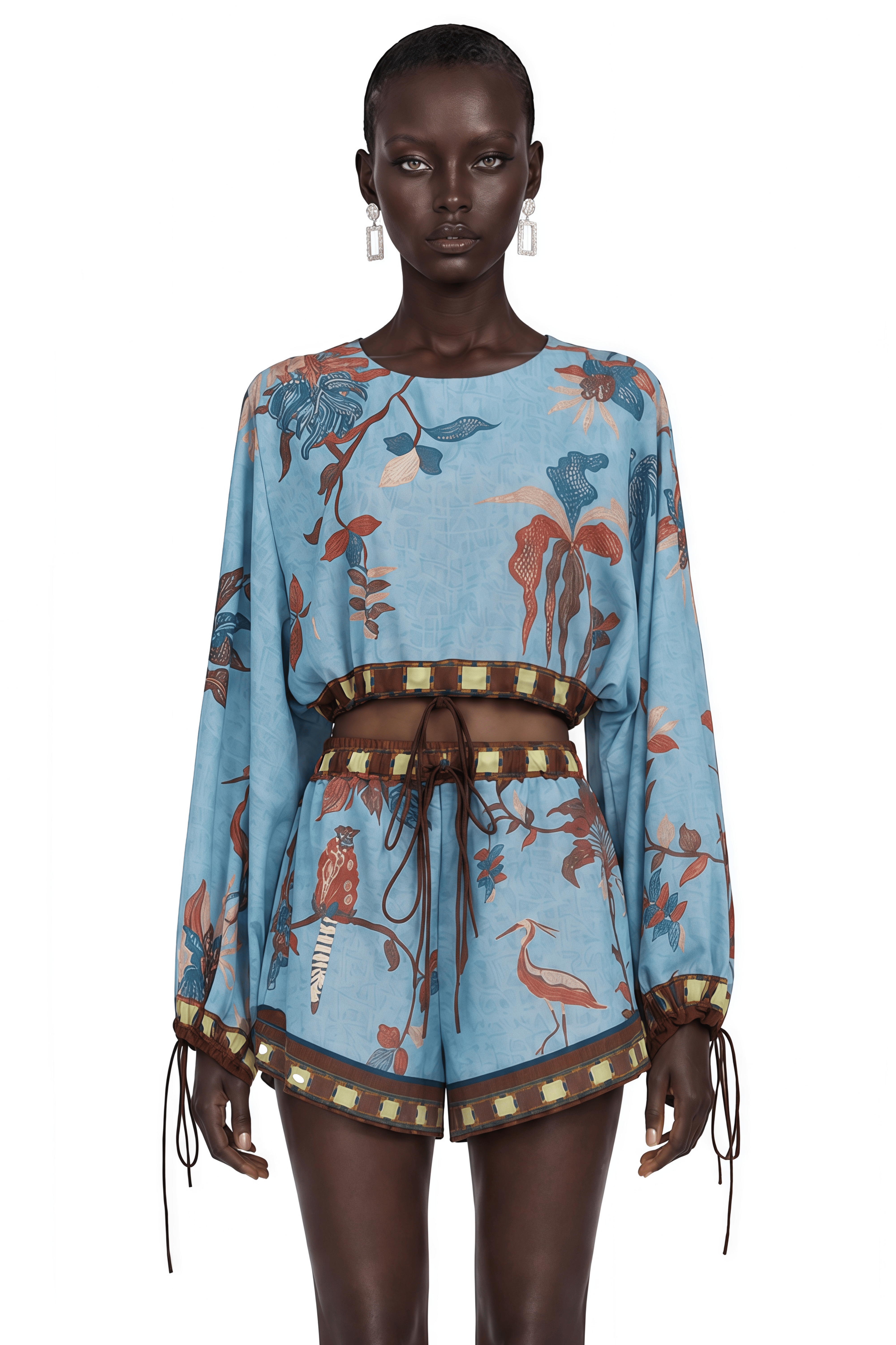 Eleanor Blue Printed Long Sleeves Blouse & Shorts Set