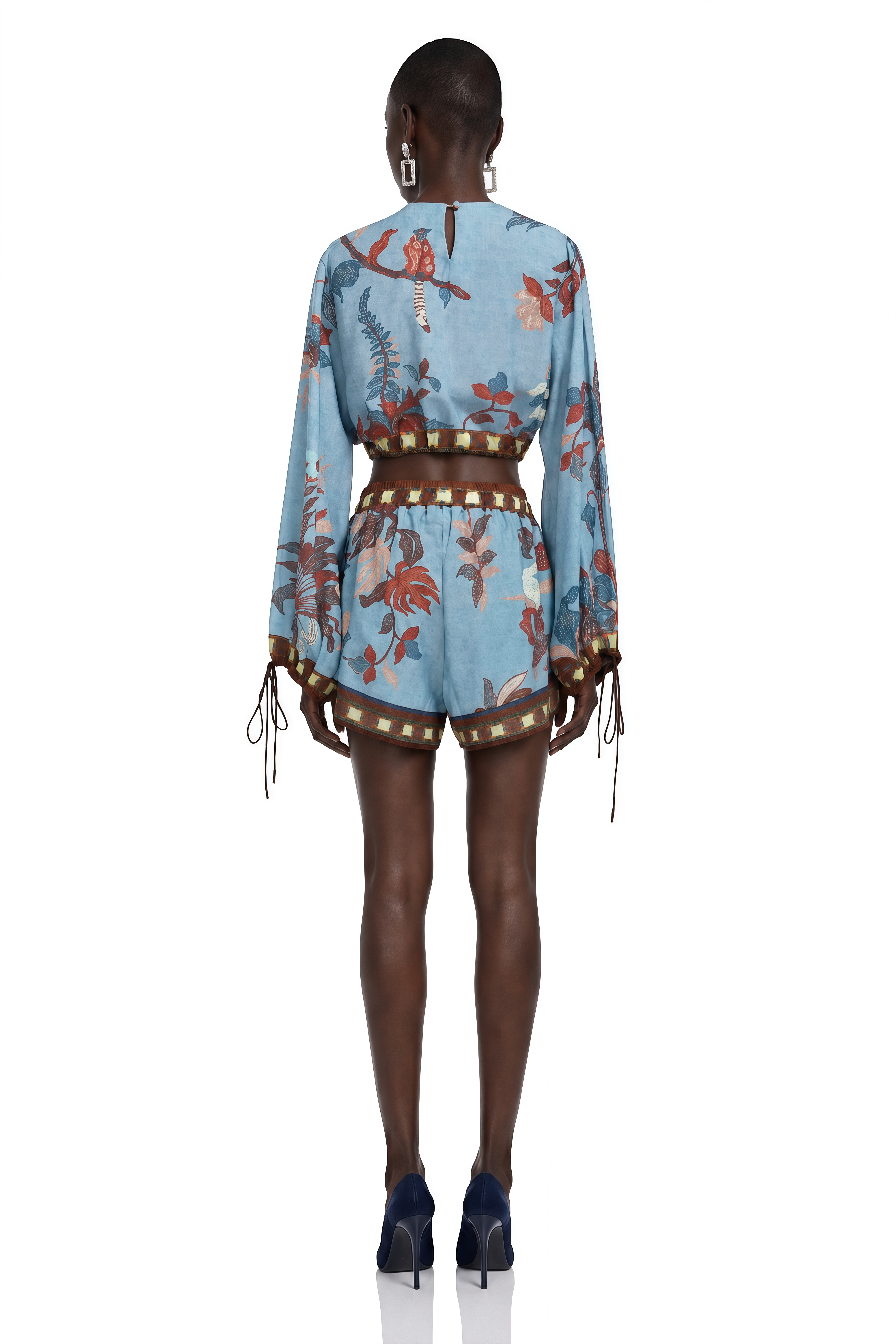 Eleanor Blue Printed Long Sleeves Blouse & Shorts Set