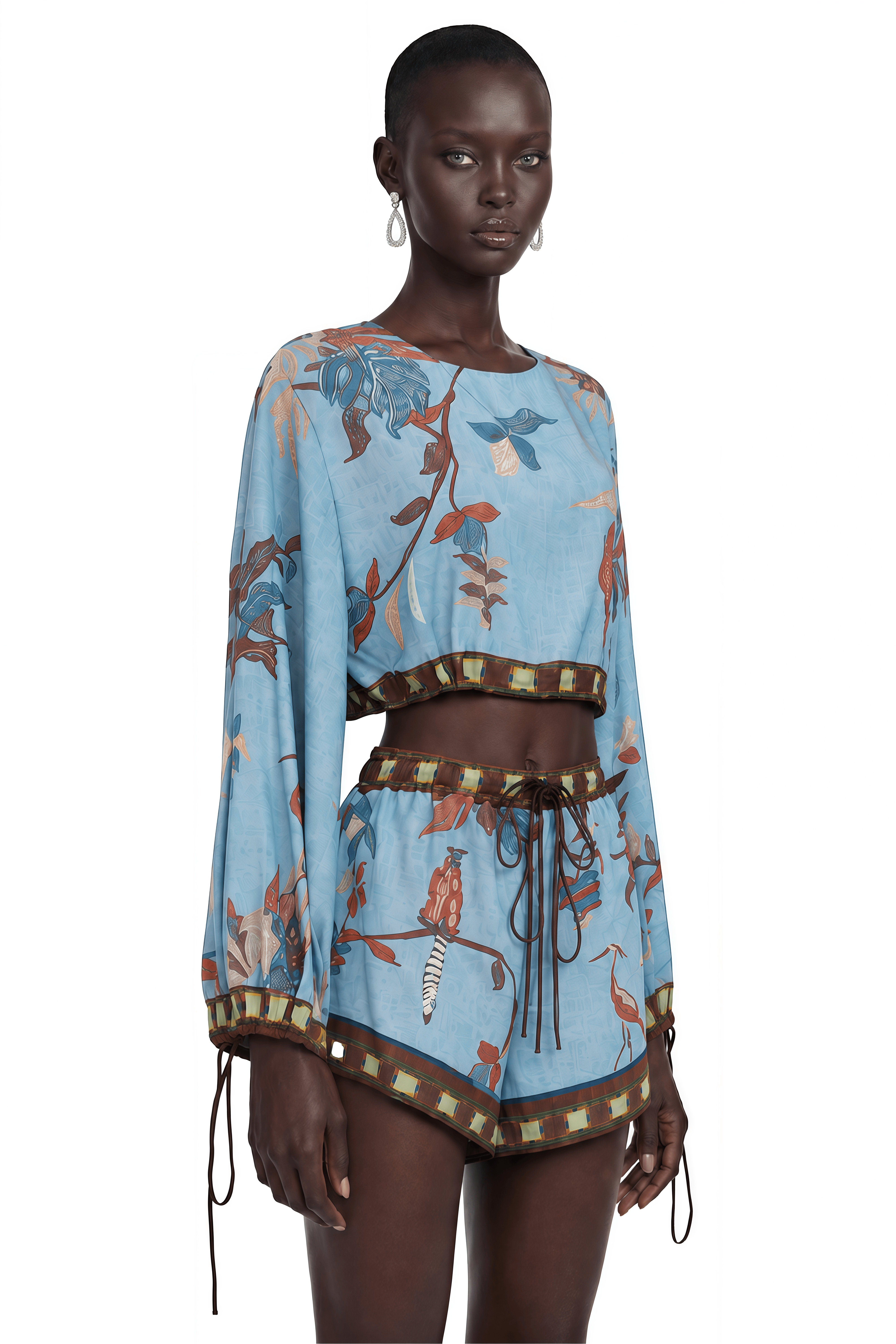 Eleanor Blue Printed Long Sleeves Blouse & Shorts Set