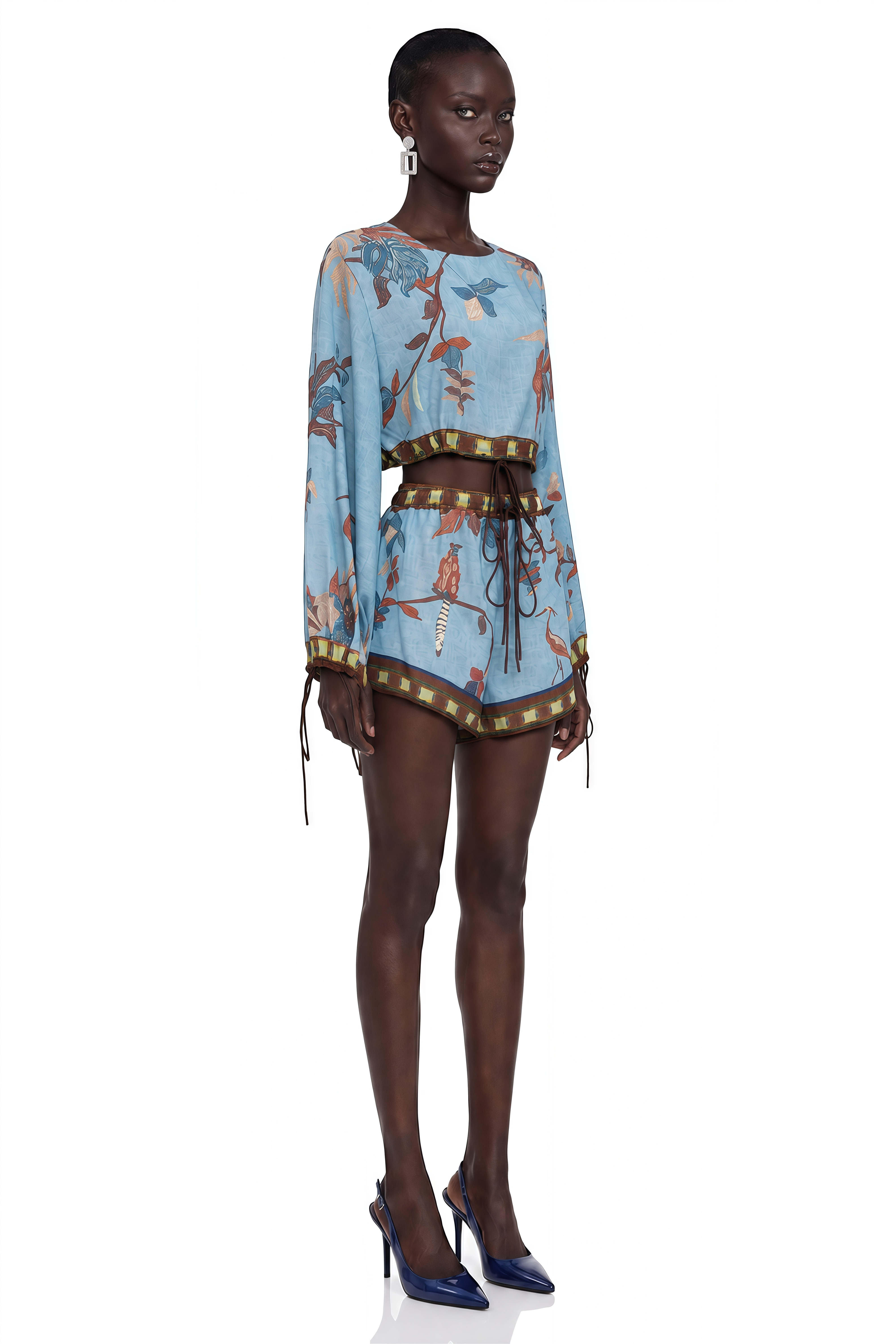 Eleanor Blue Printed Long Sleeves Blouse & Shorts Set