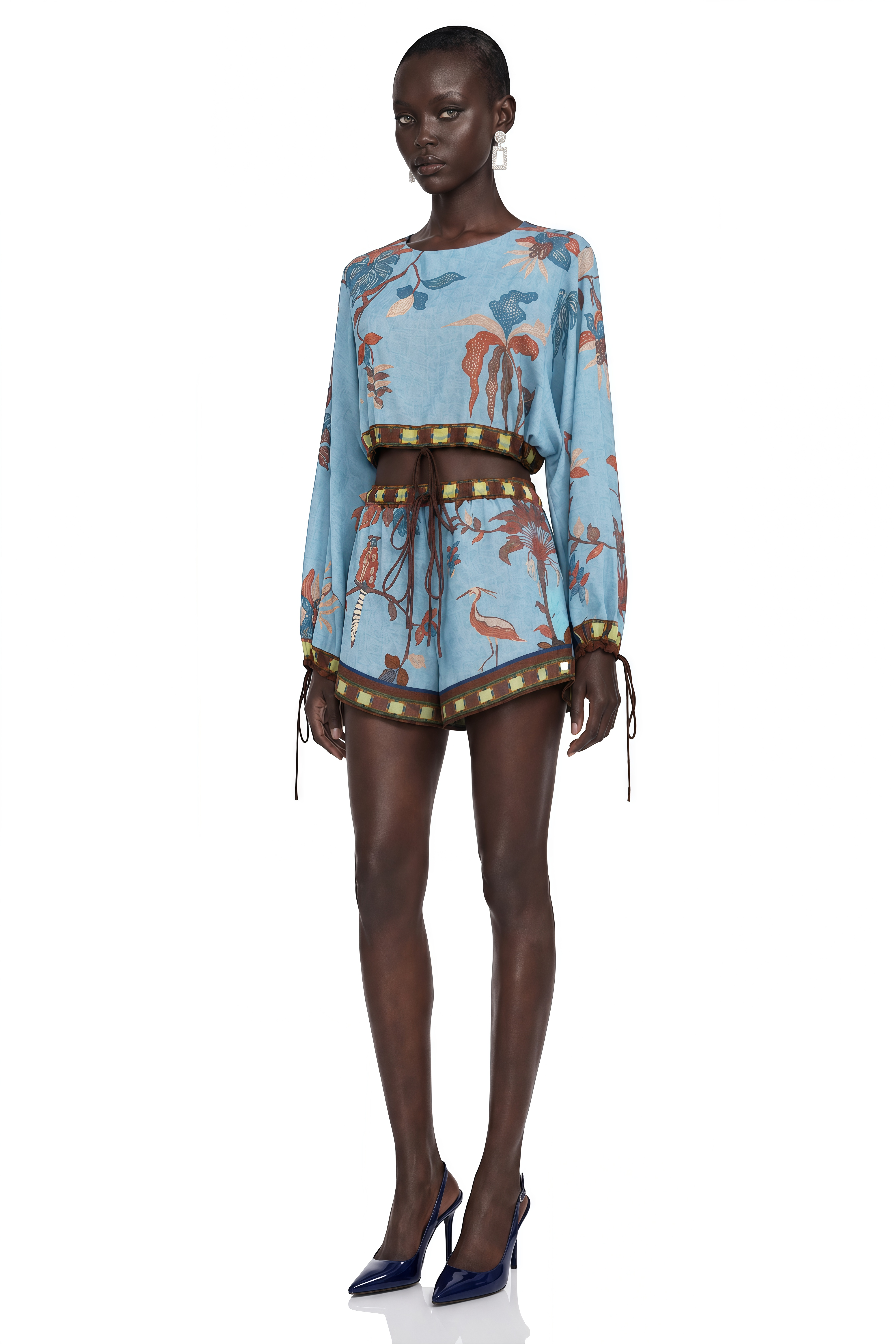 Eleanor Blue Printed Long Sleeves Blouse & Shorts Set