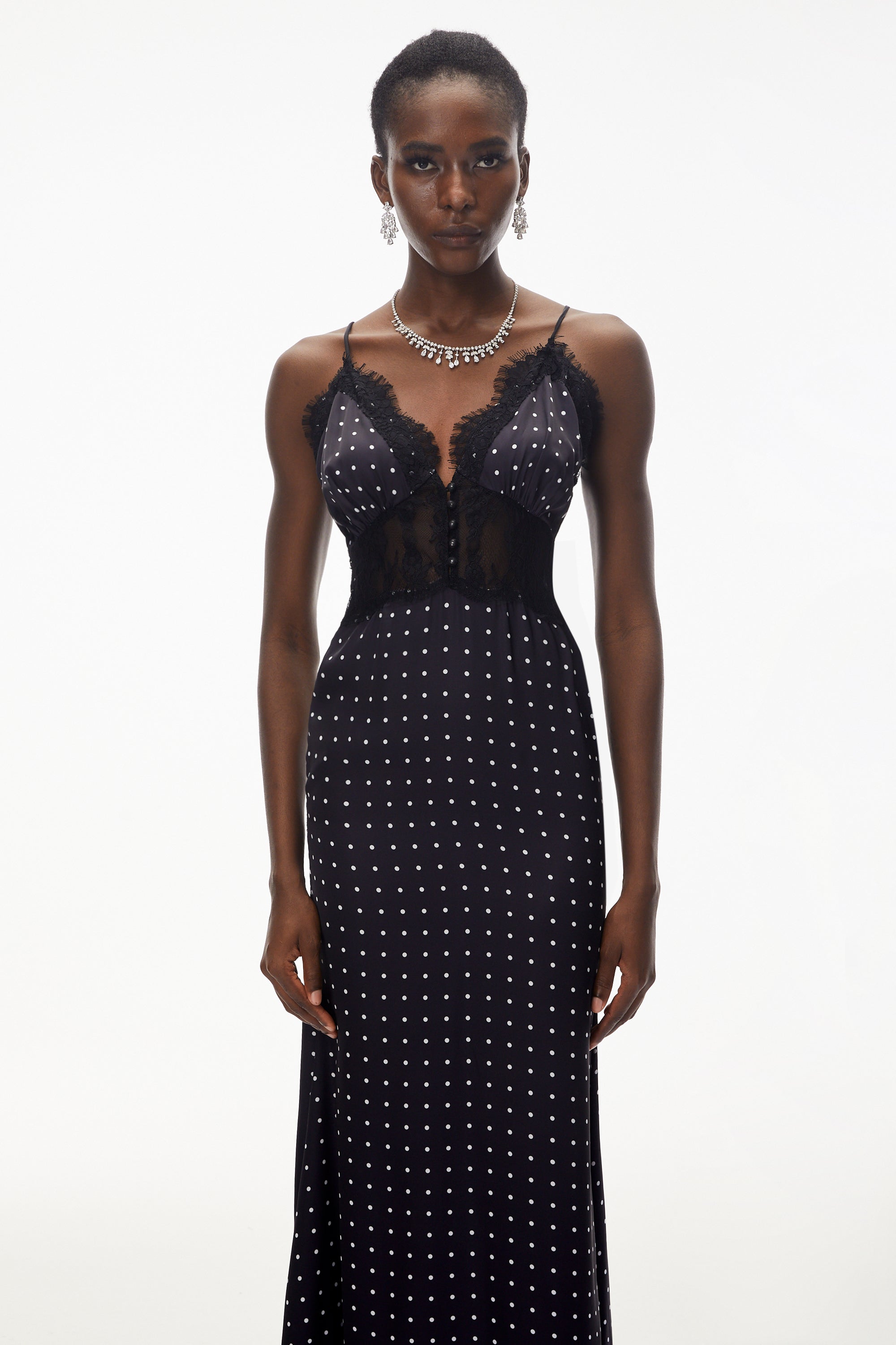 Eleanor Black Polka Dot Lace Trim Maxi Dress – Miss Rosier