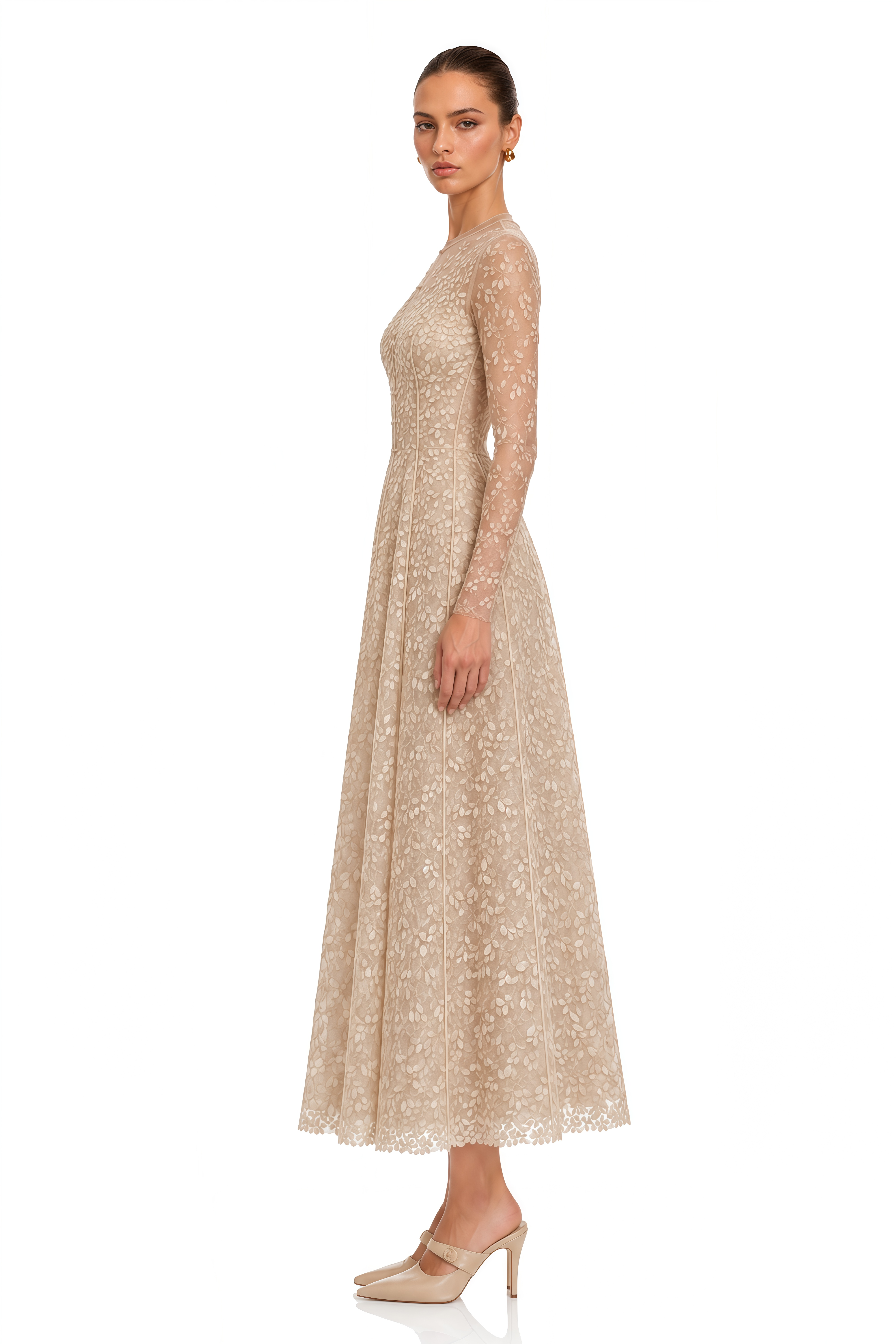Eleanora Neutral Botanical Embroidered Long-Sleeve Midi Dress