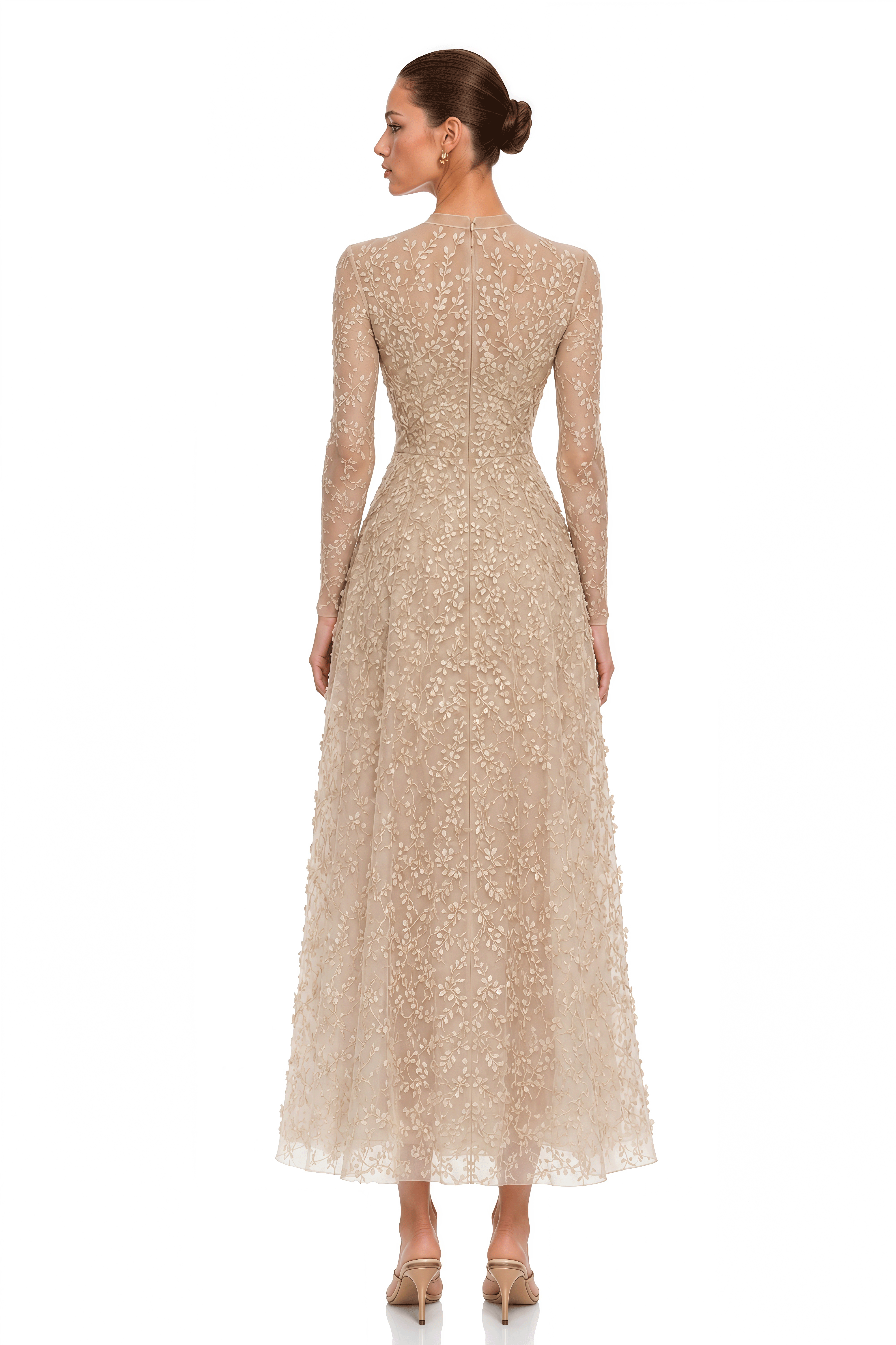 Eleanora Neutral Botanical Embroidered Long-Sleeve Midi Dress