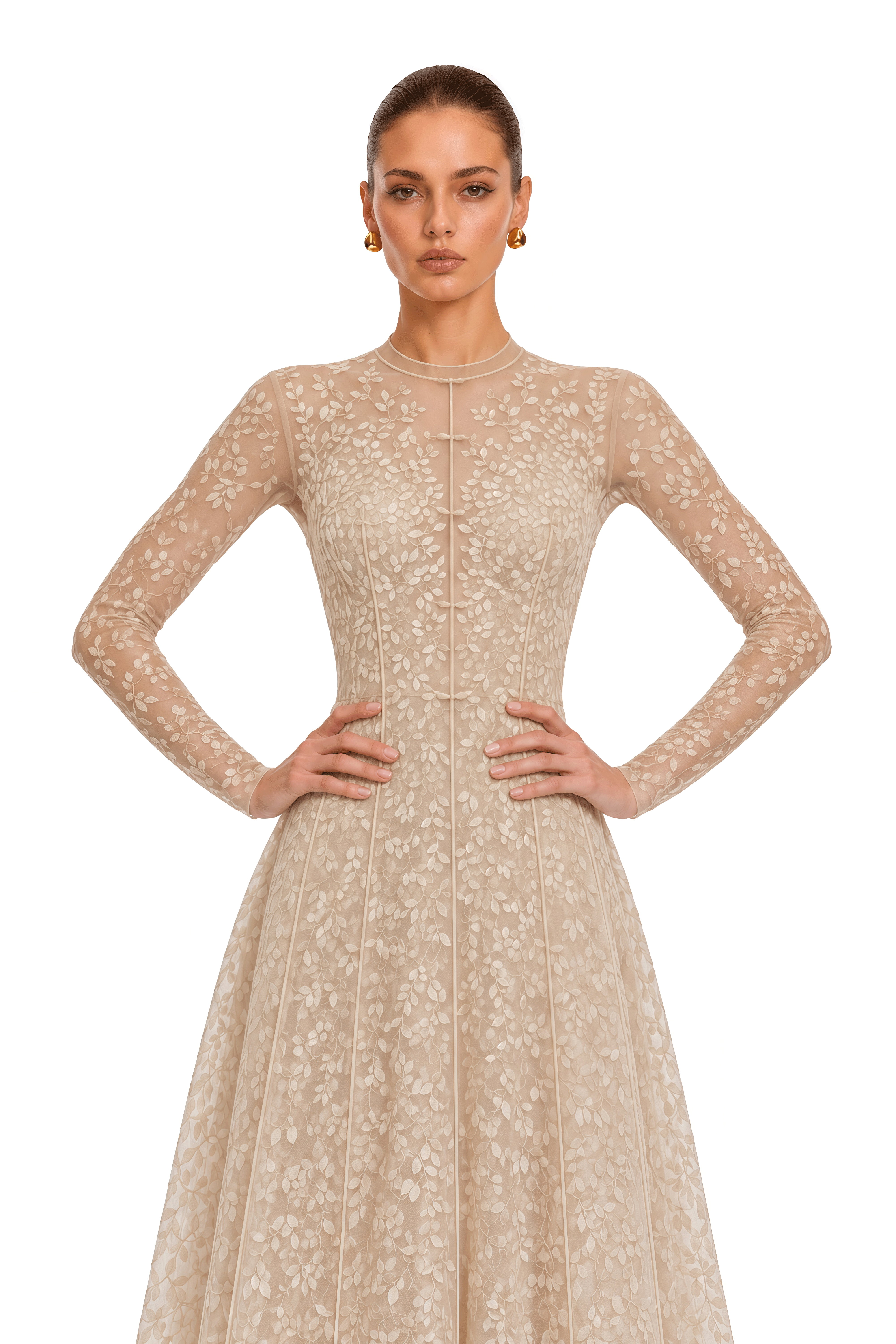 Eleanora Neutral Botanical Embroidered Long-Sleeve Midi Dress