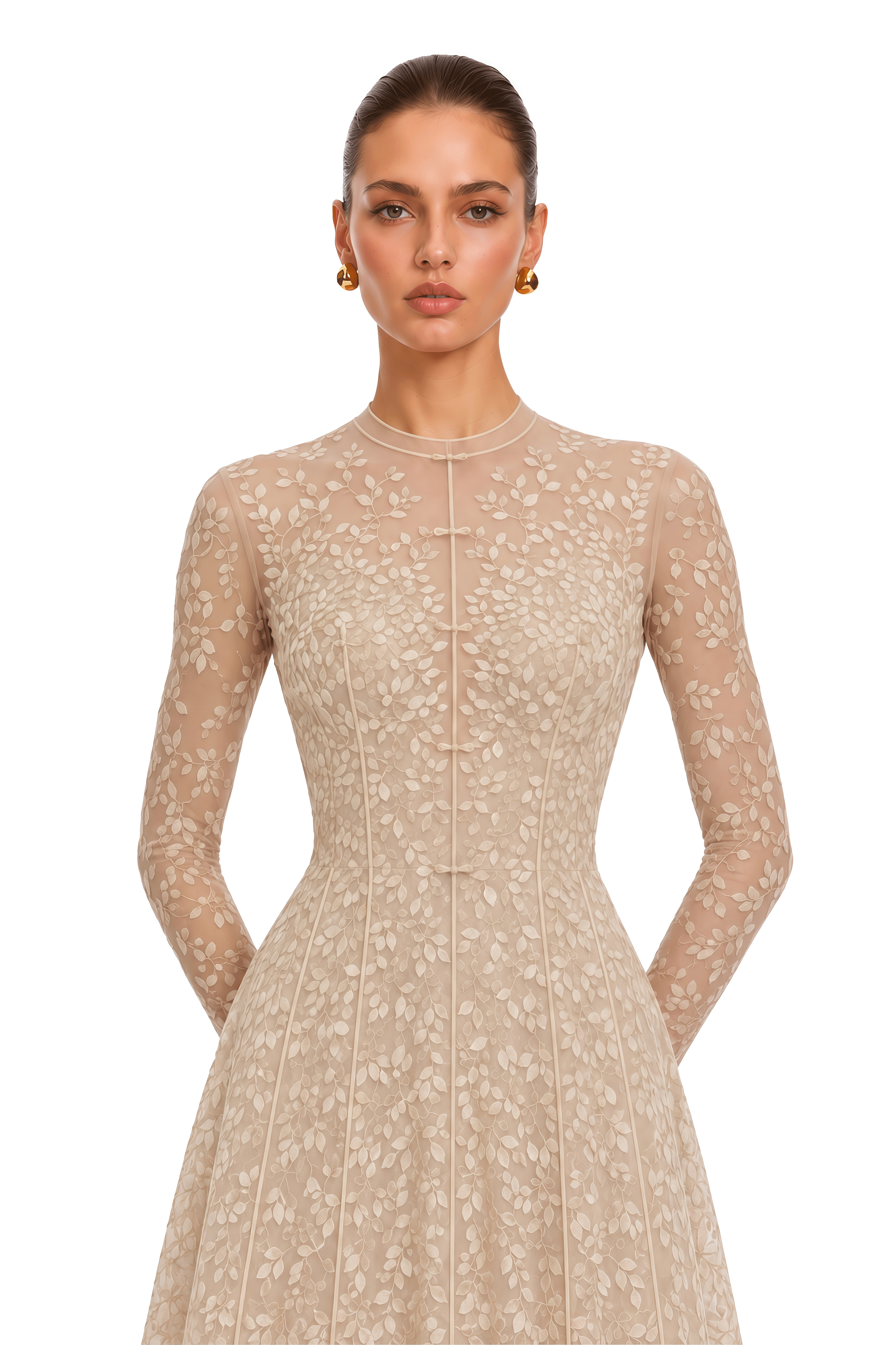 Eleanora Neutral Botanical Embroidered Long-Sleeve Midi Dress
