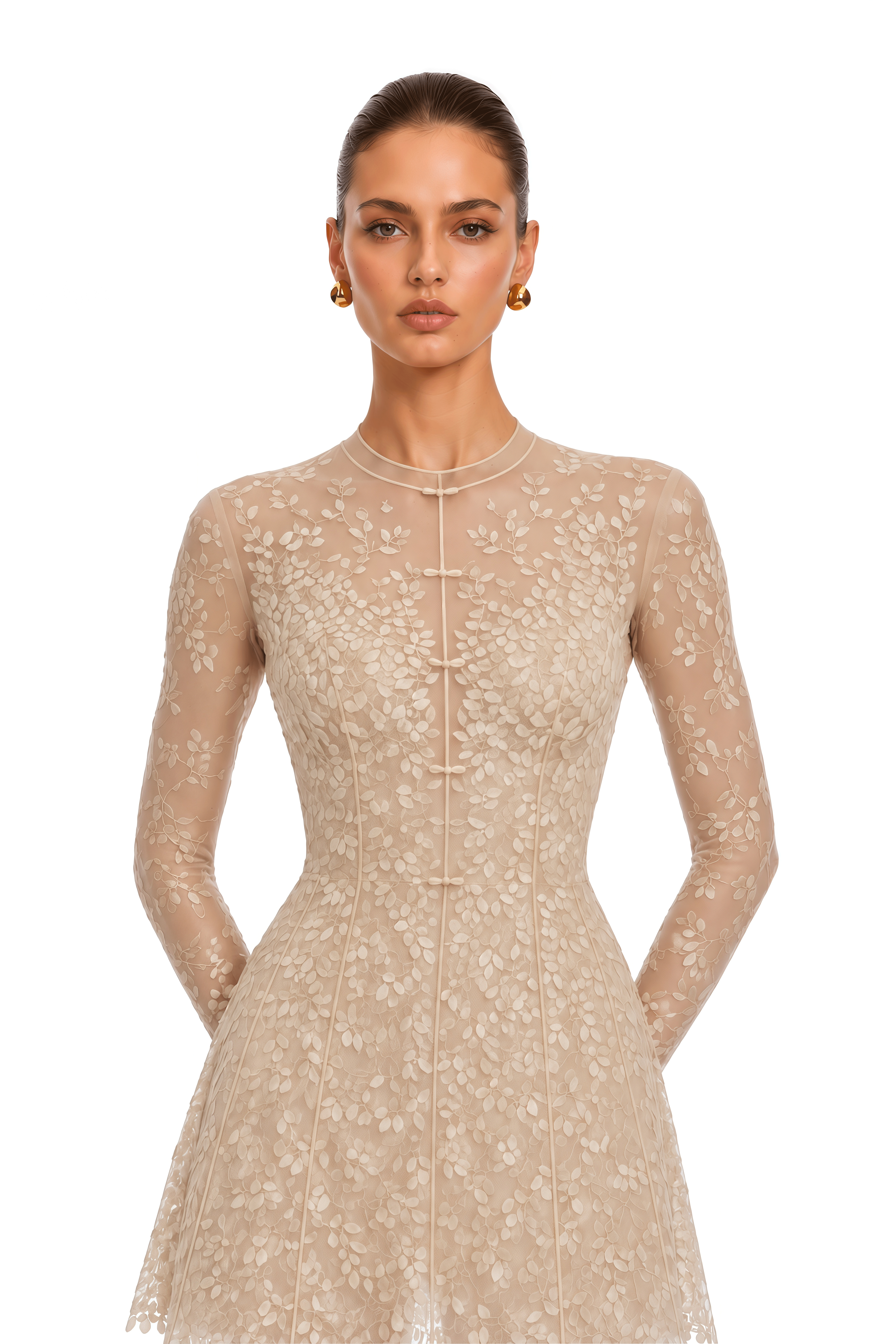 Eleanora Neutral Botanical Embroidered Long-Sleeve Mini Dress
