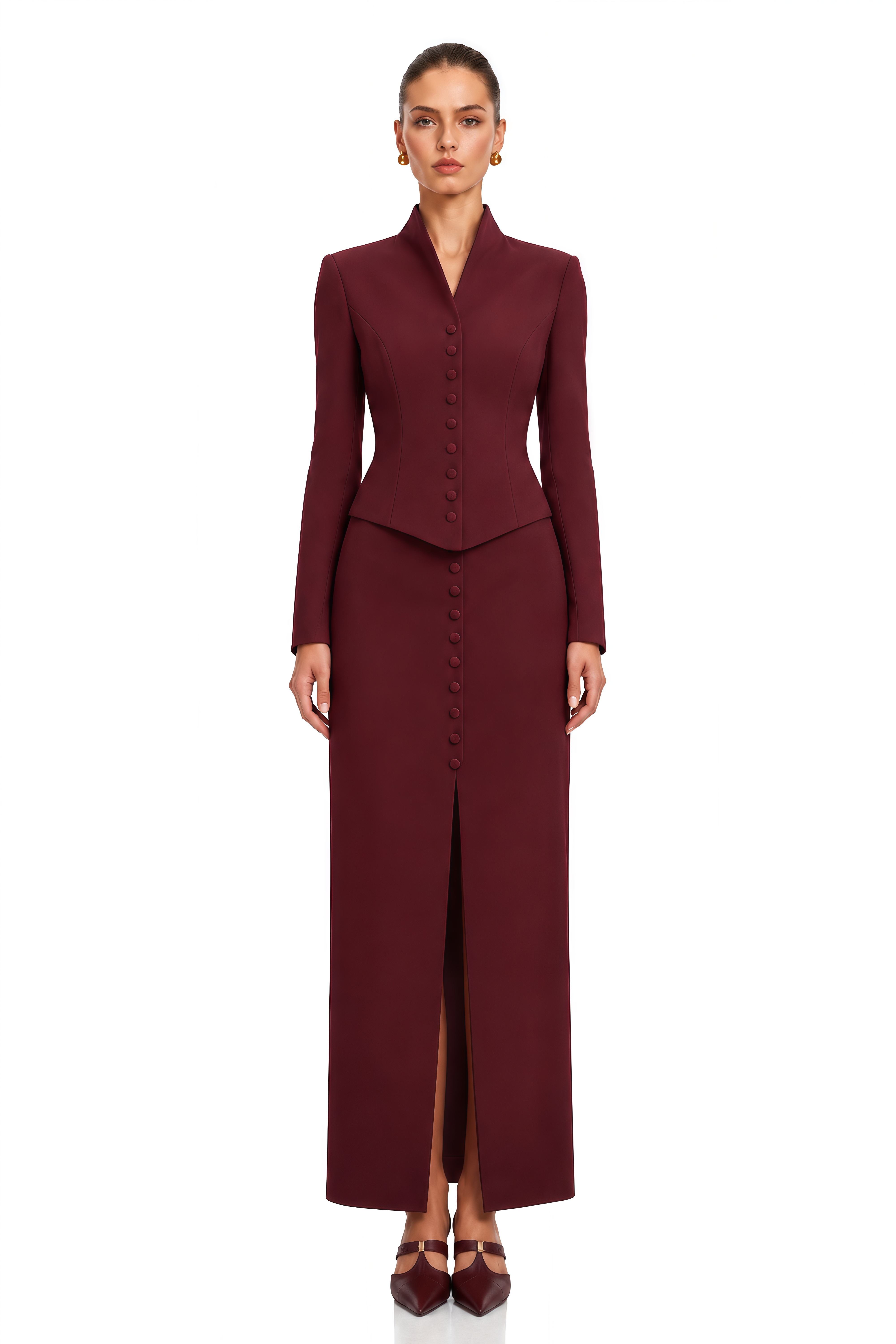 Eleni Burgundy Buttoned Jacket & Maxi Skirt Set