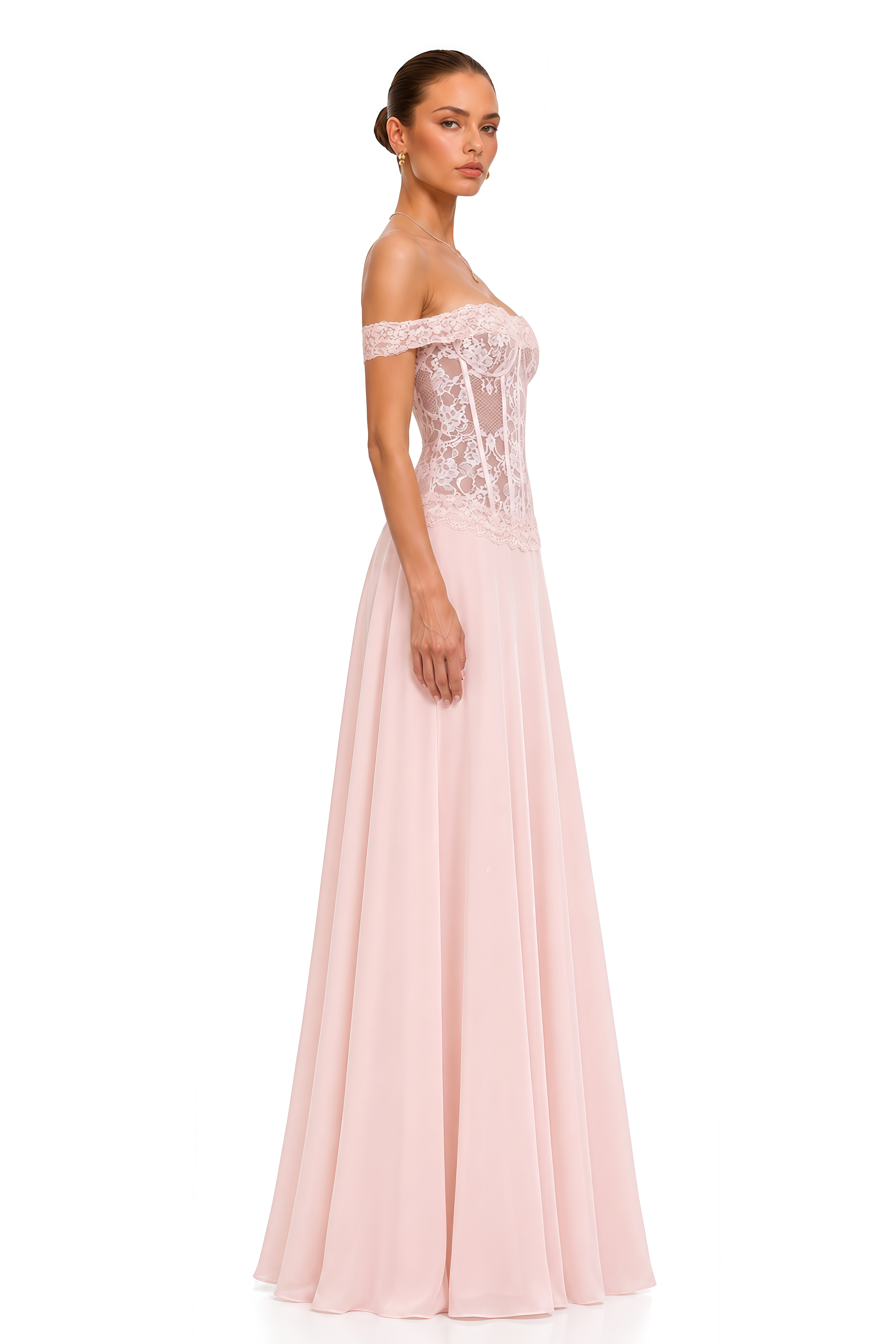 Eliana Pink Lace Corset Off Shoulder Maxi Dress
