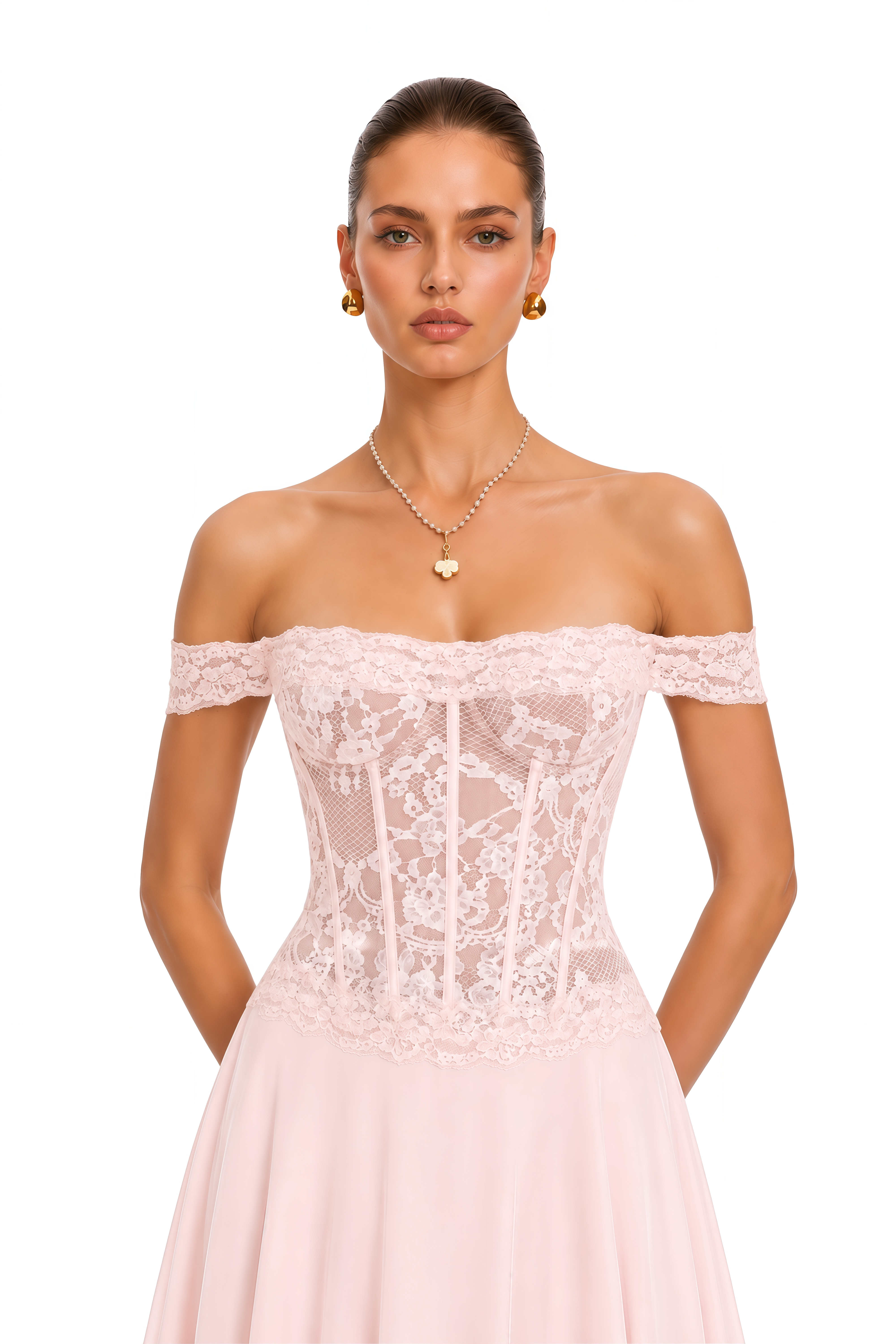 Eliana Pink Lace Corset Off Shoulder Maxi Dress