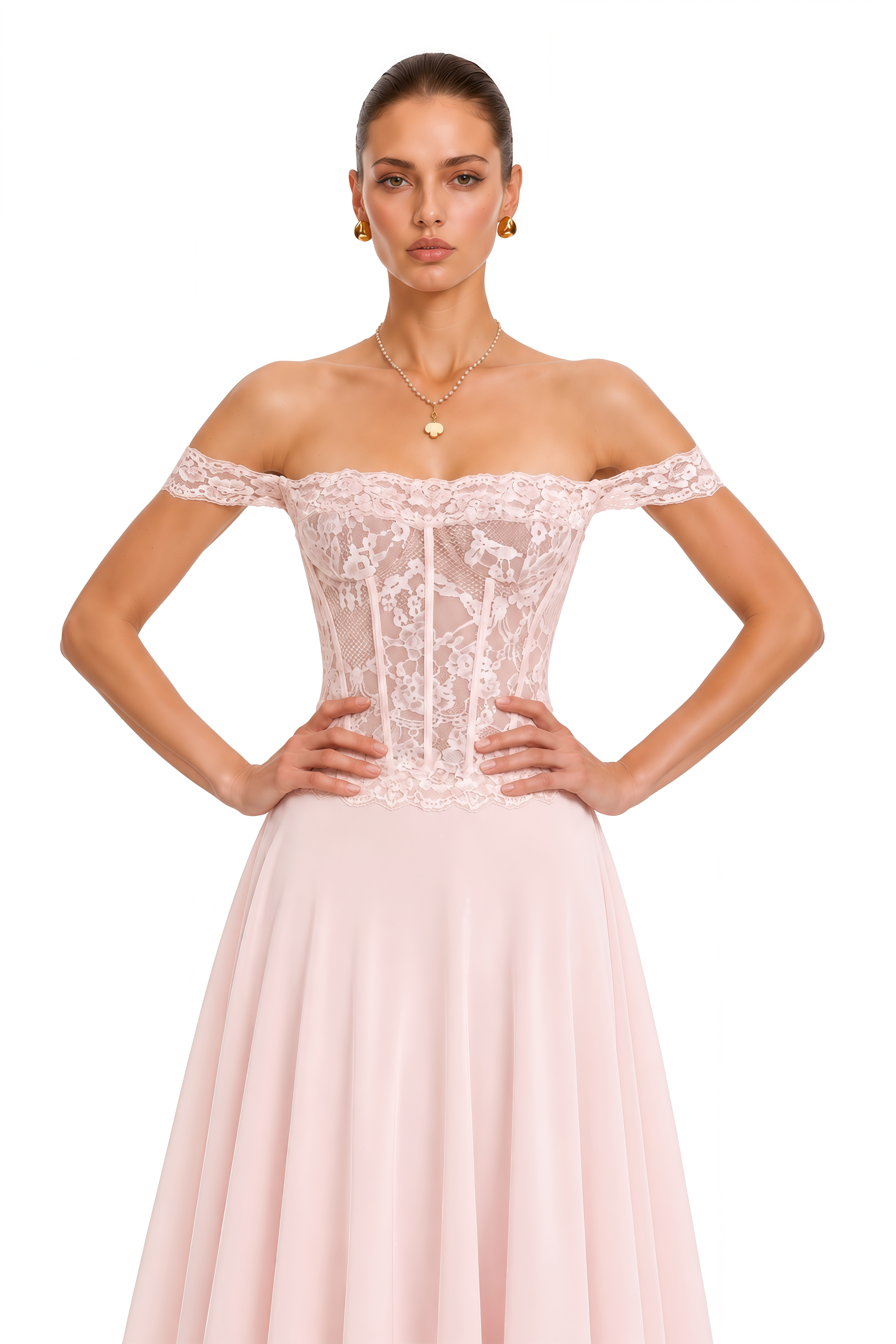 Eliana Pink Lace Corset Off Shoulder Maxi Dress