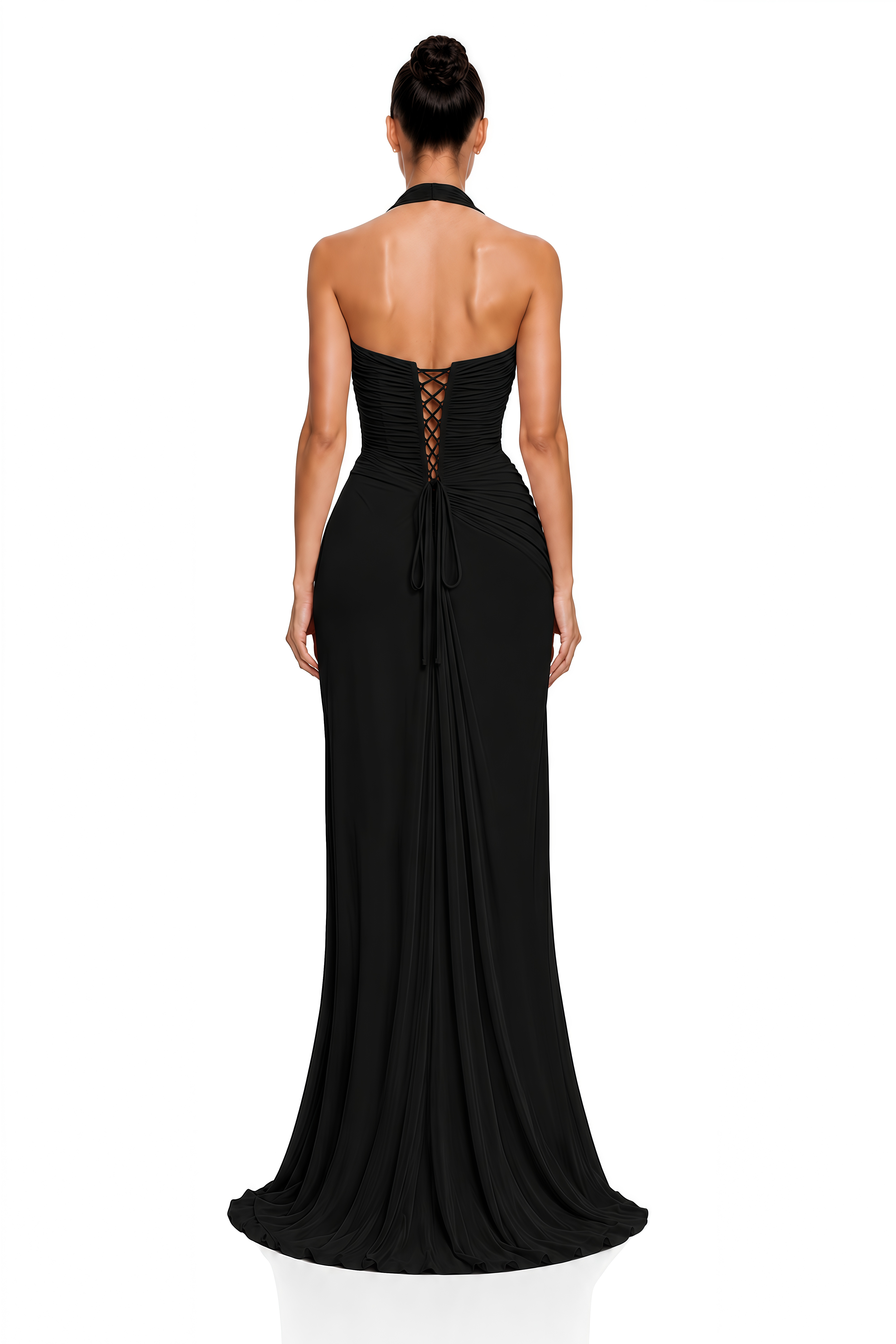 Elif Black Halterneck Ruched Maxi Dress with Lace Trim