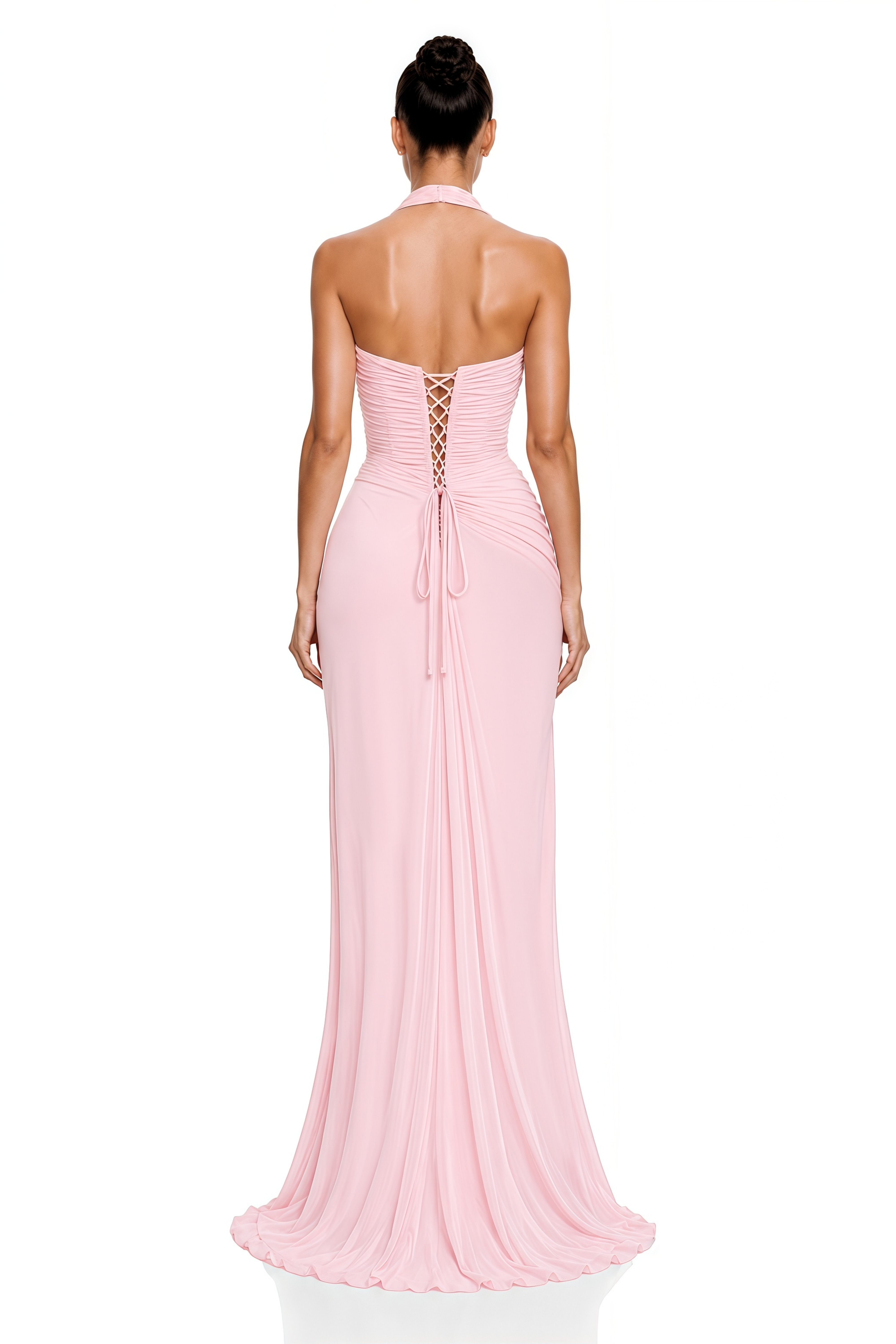 Elif Pink Halterneck Ruched Maxi Dress with Lace Trim