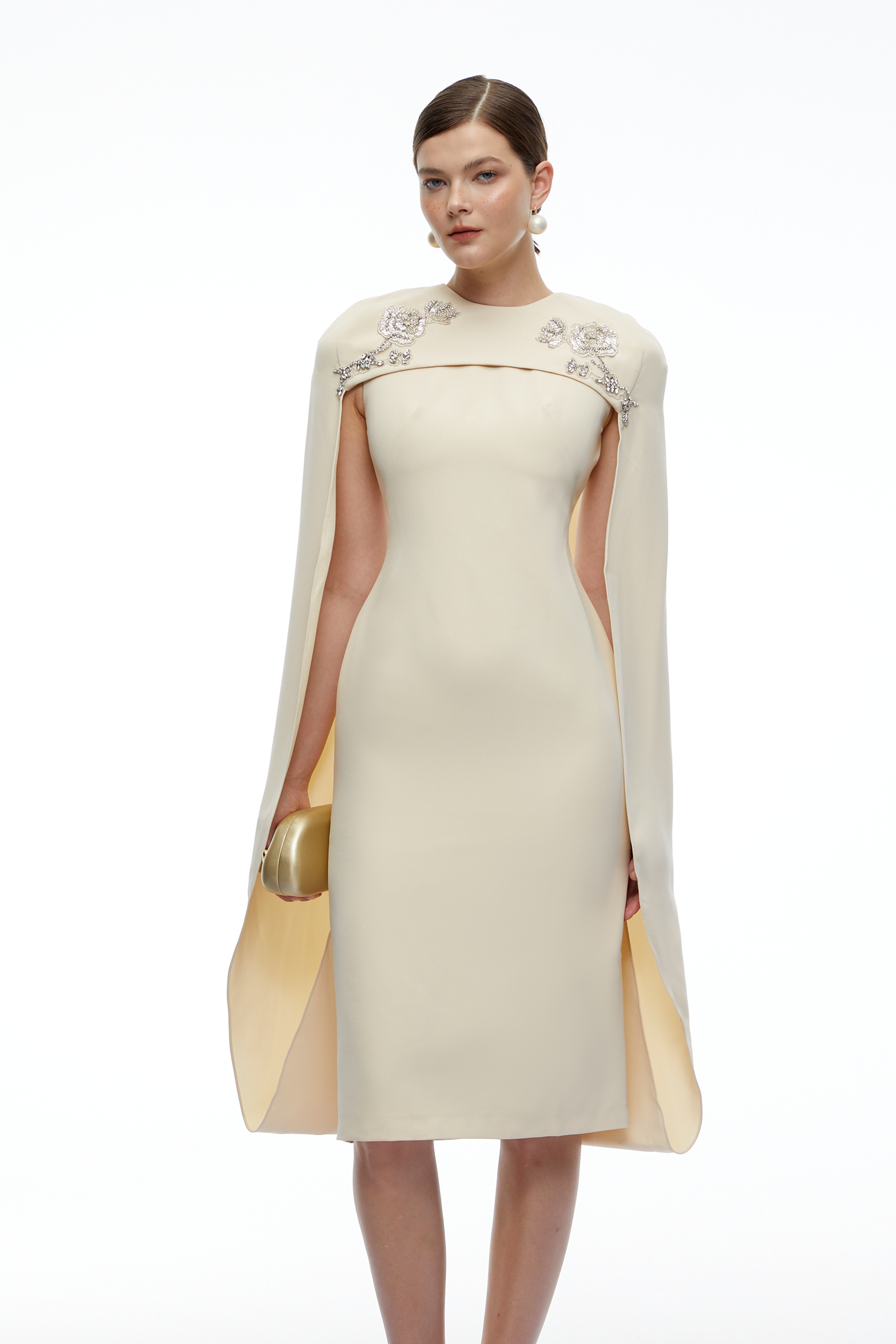 Elina Neutral Embellished Cape Sleeve Midi Dress