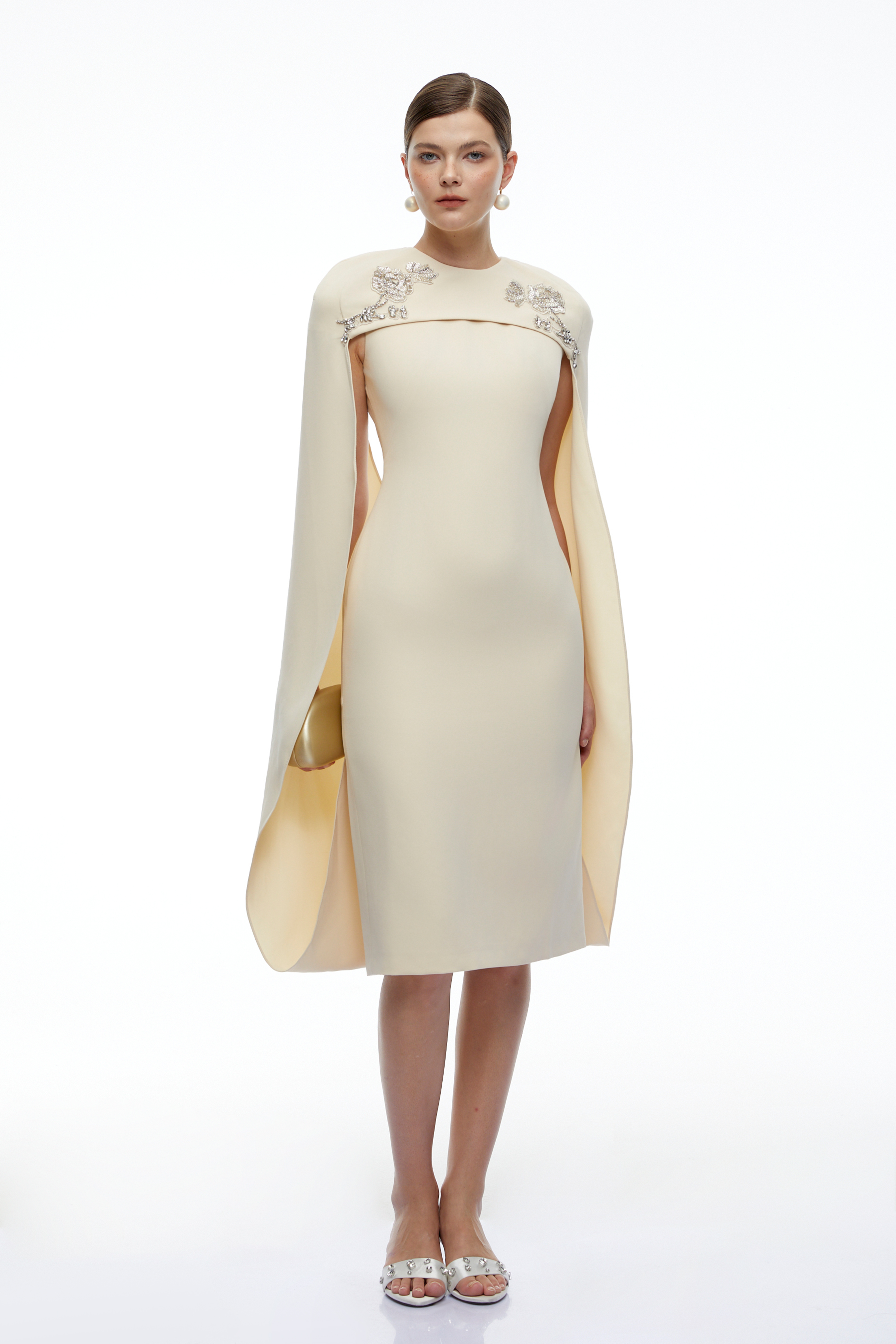 Elina Neutral Embellished Cape Sleeve Midi Dress