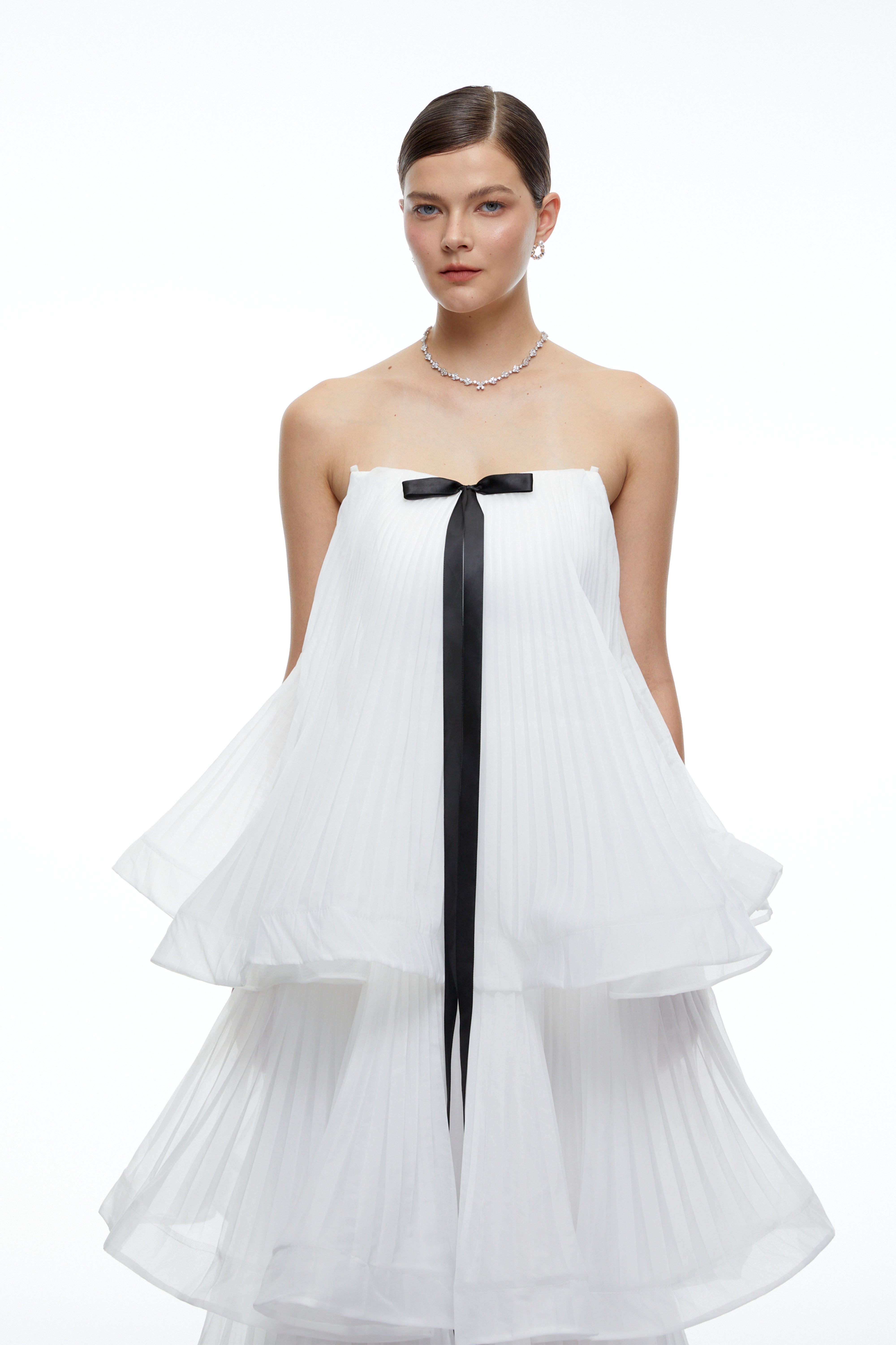 Elise White Strapless Tiered Pleated Maxi Dress with Black Bow