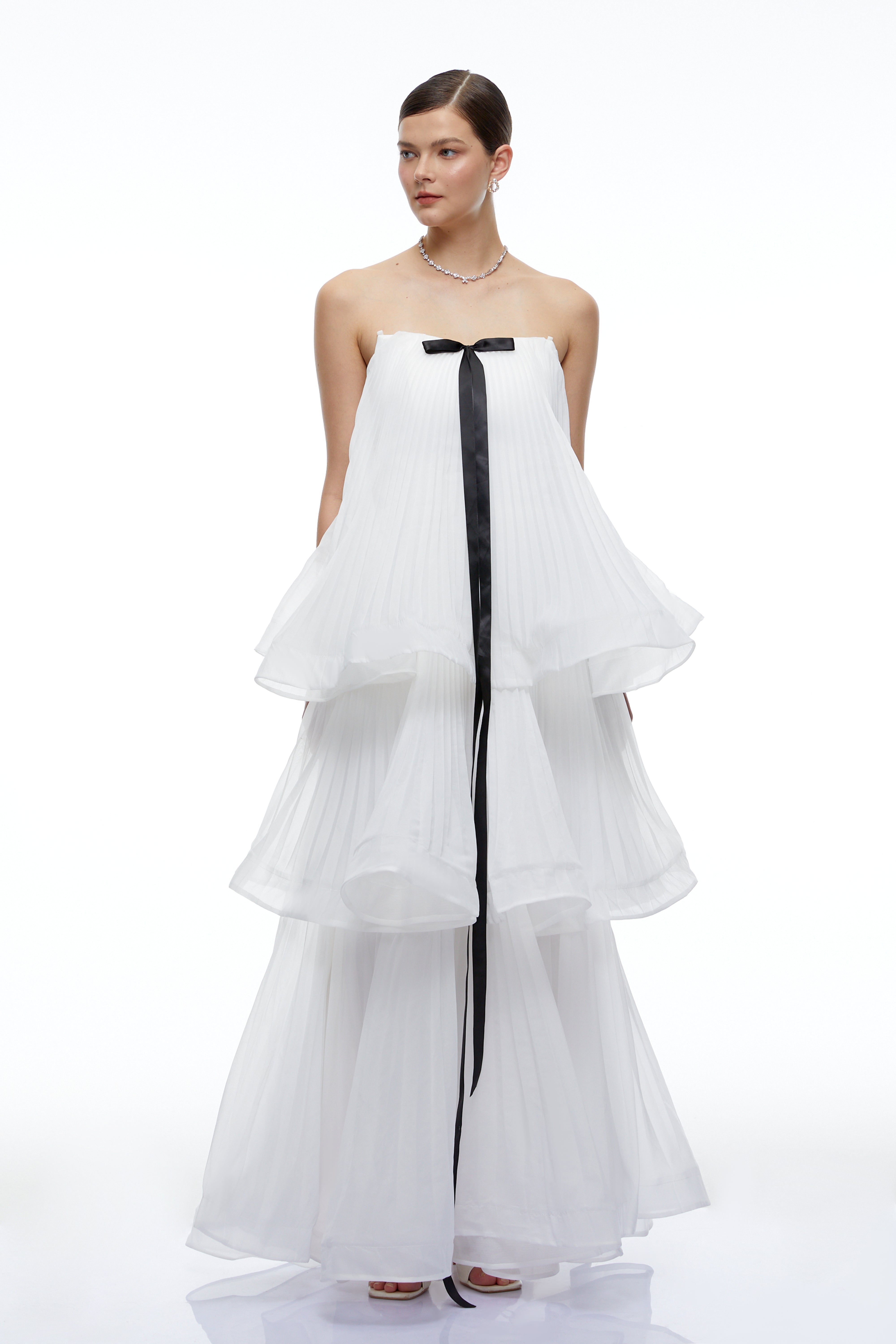 Elise White Strapless Tiered Pleated Maxi Dress with Black Bow