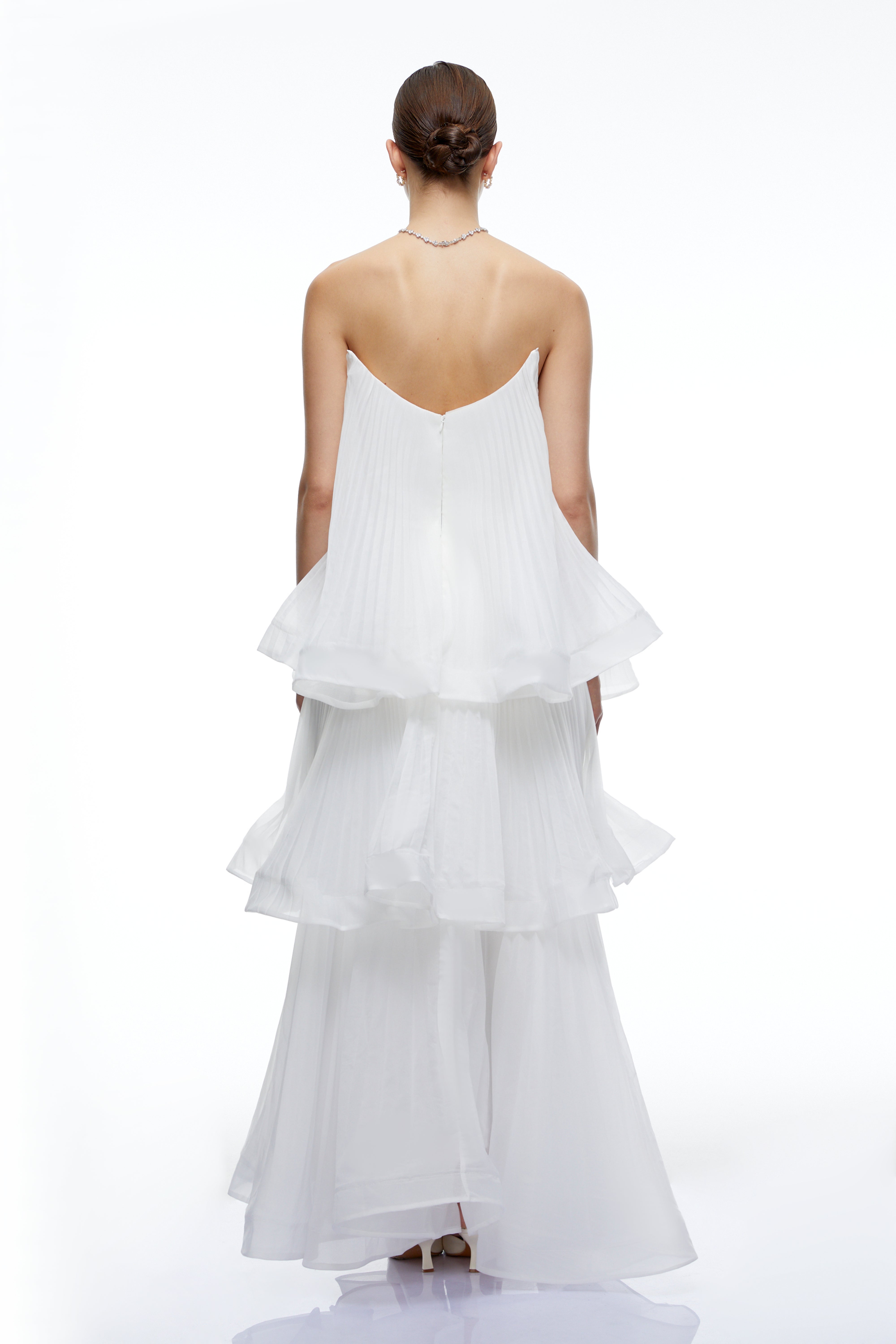 Elise White Strapless Tiered Pleated Maxi Dress with Black Bow