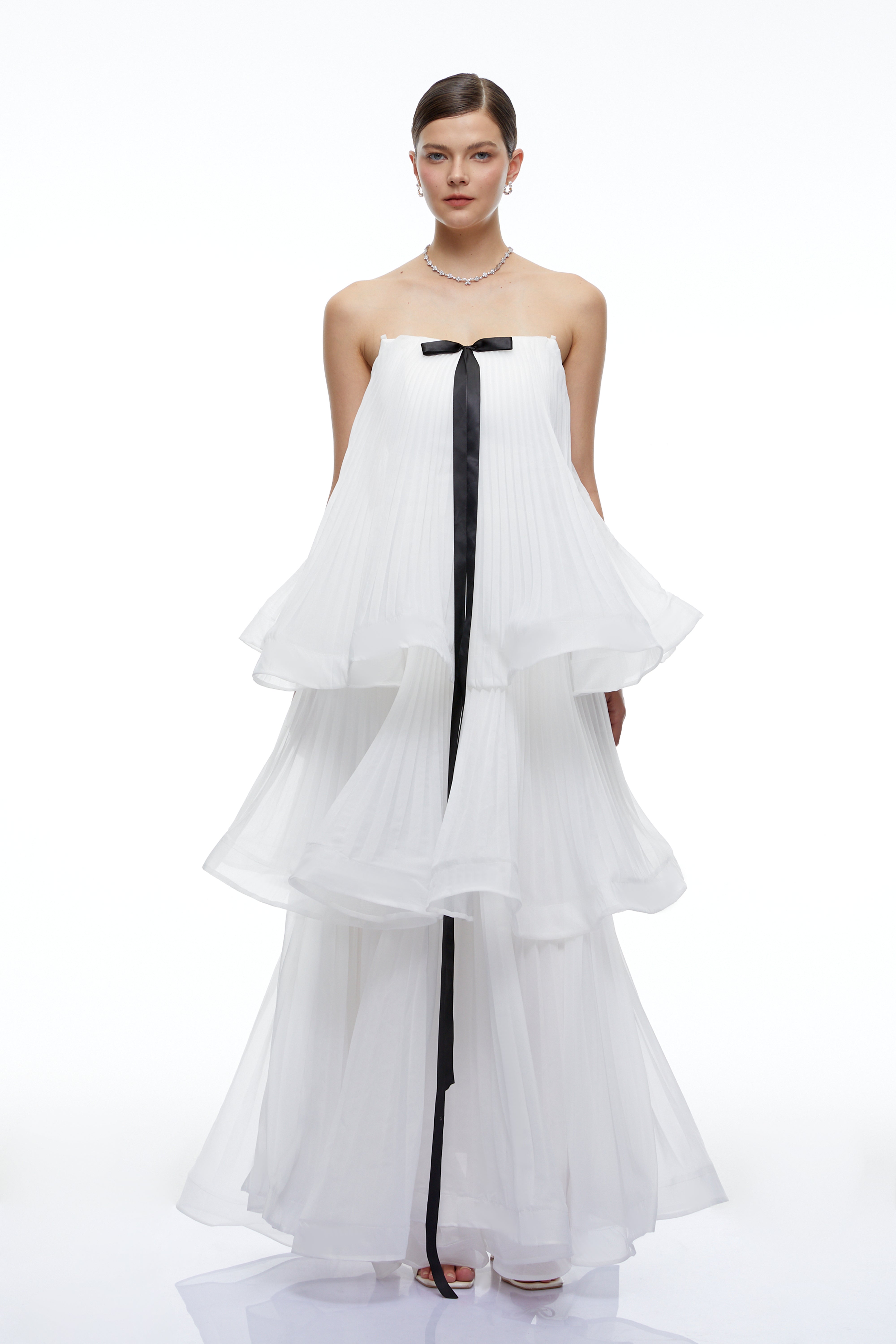 Elise White Strapless Tiered Pleated Maxi Dress with Black Bow