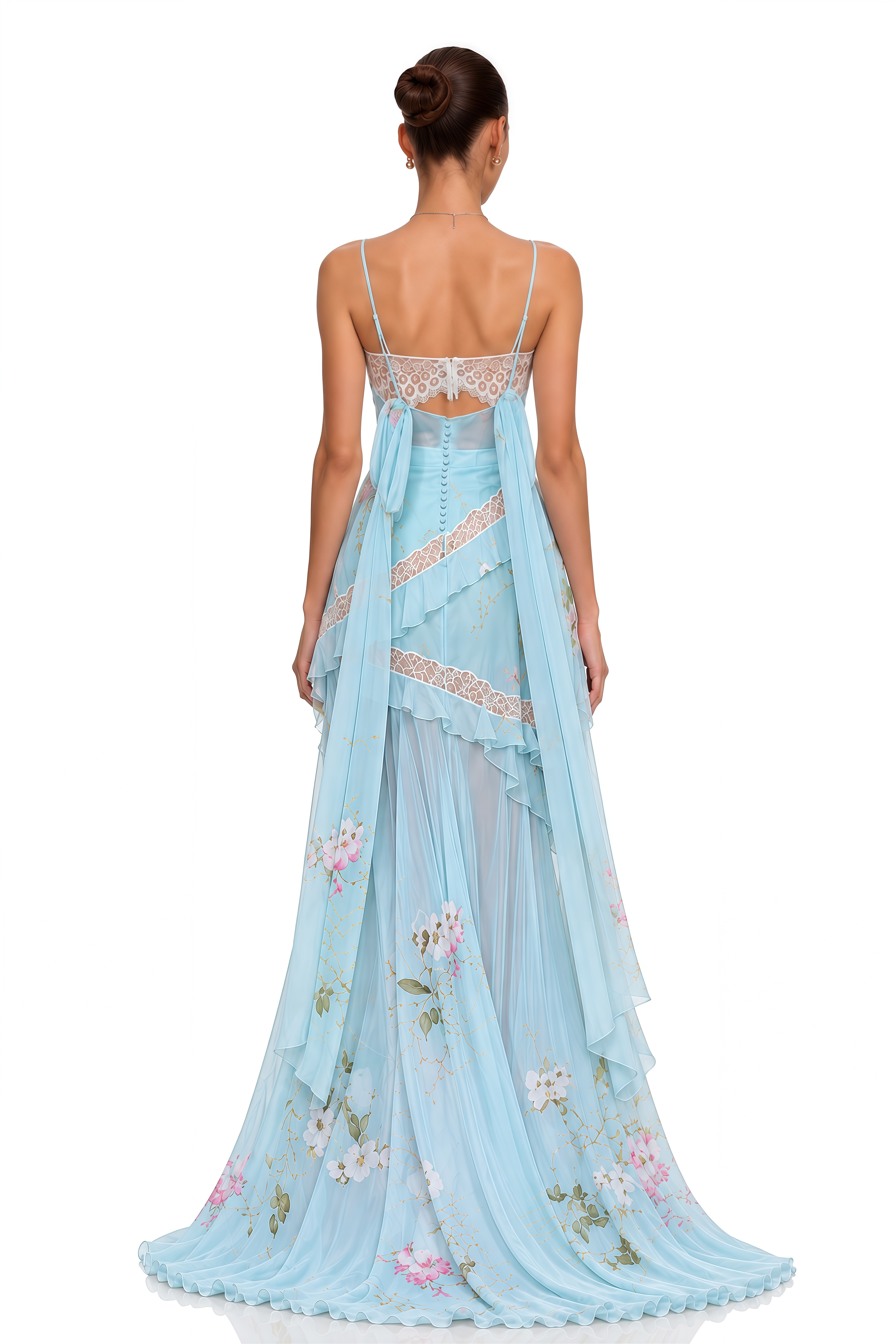 Elizabeth Light Blue Floral Lace Ruffle Maxi Dress