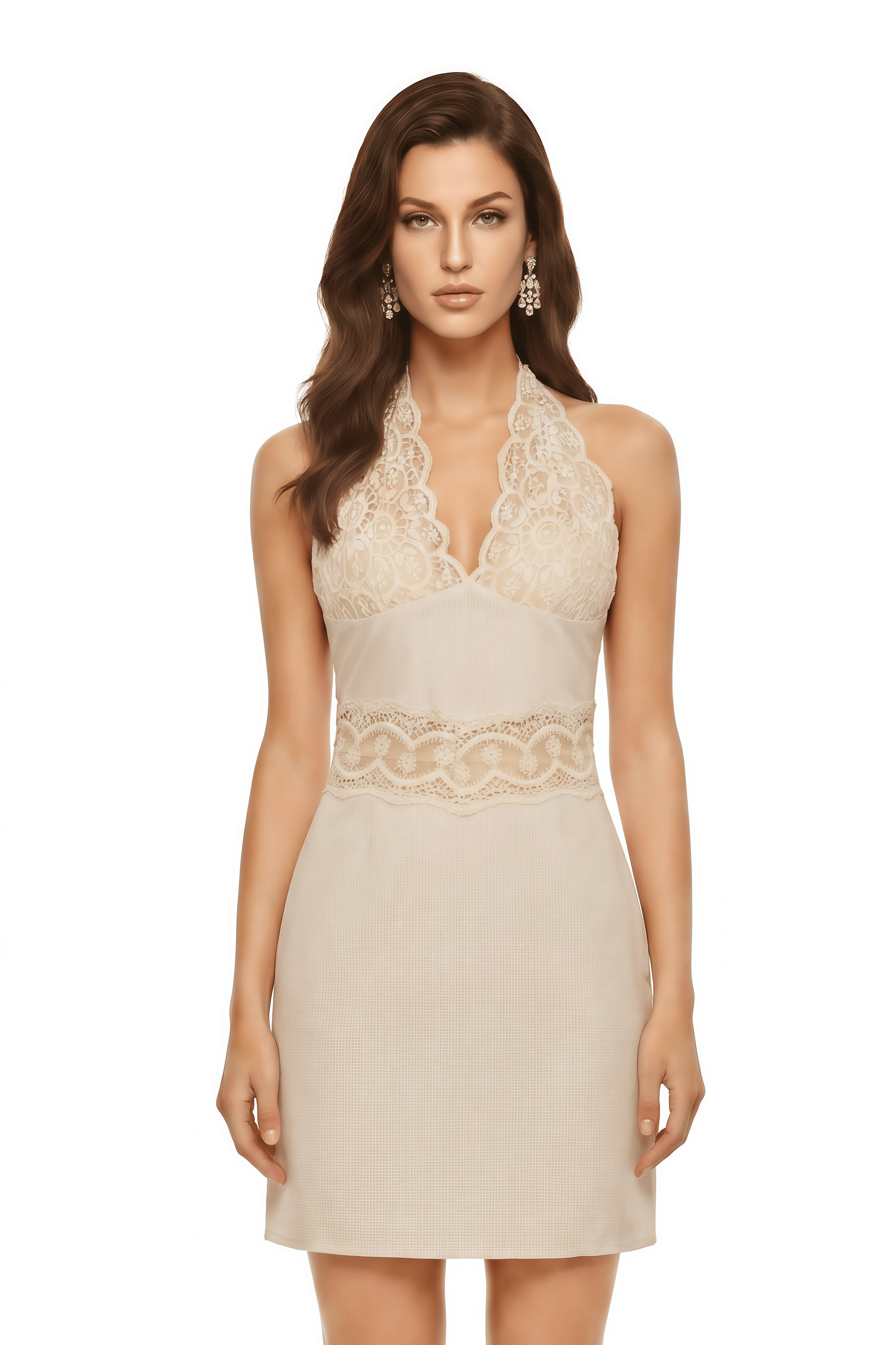 Ella Neutral Halterneck Lace Panel Mini Dress