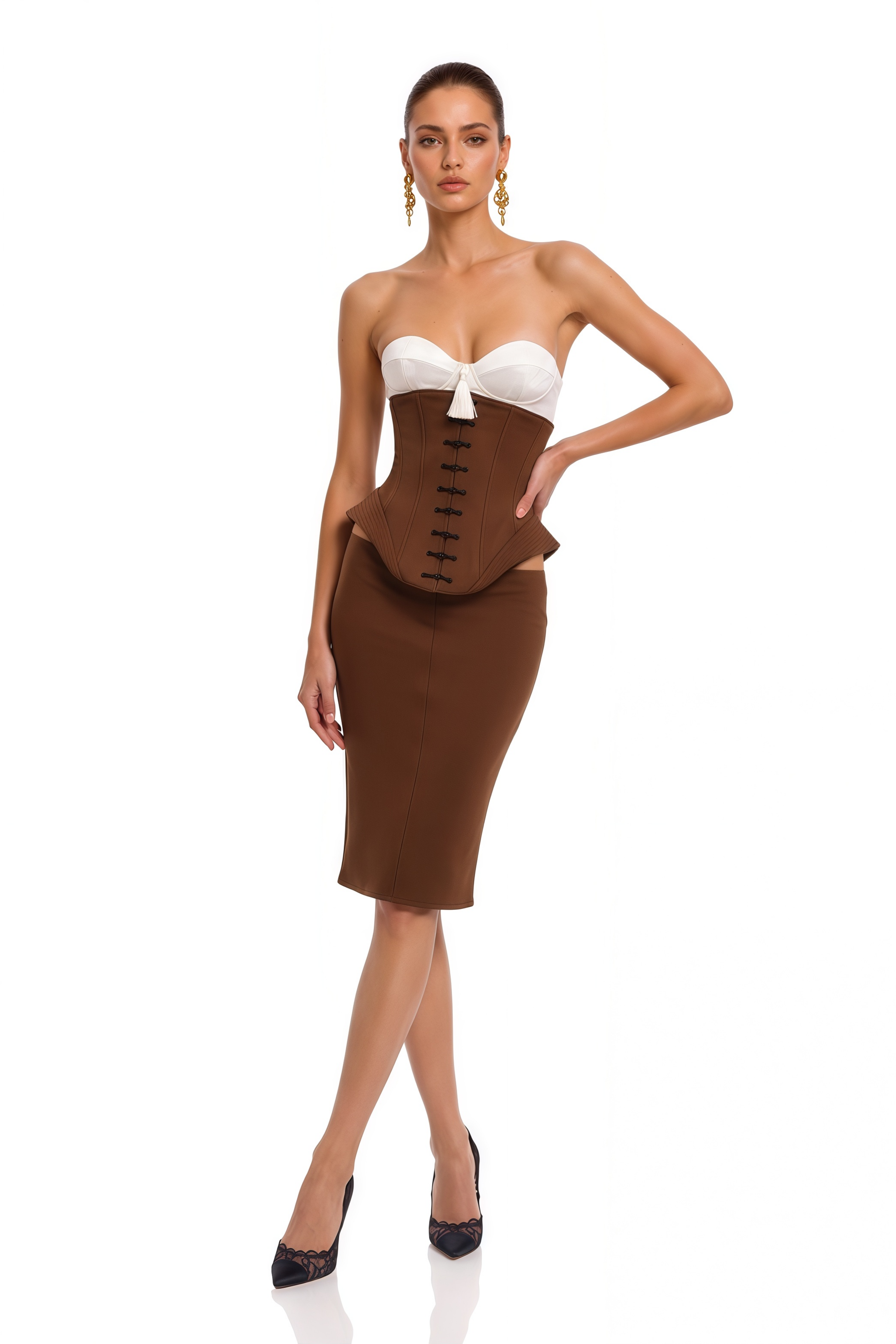 Elliana Brown Corset Top & Midi Skirt Set