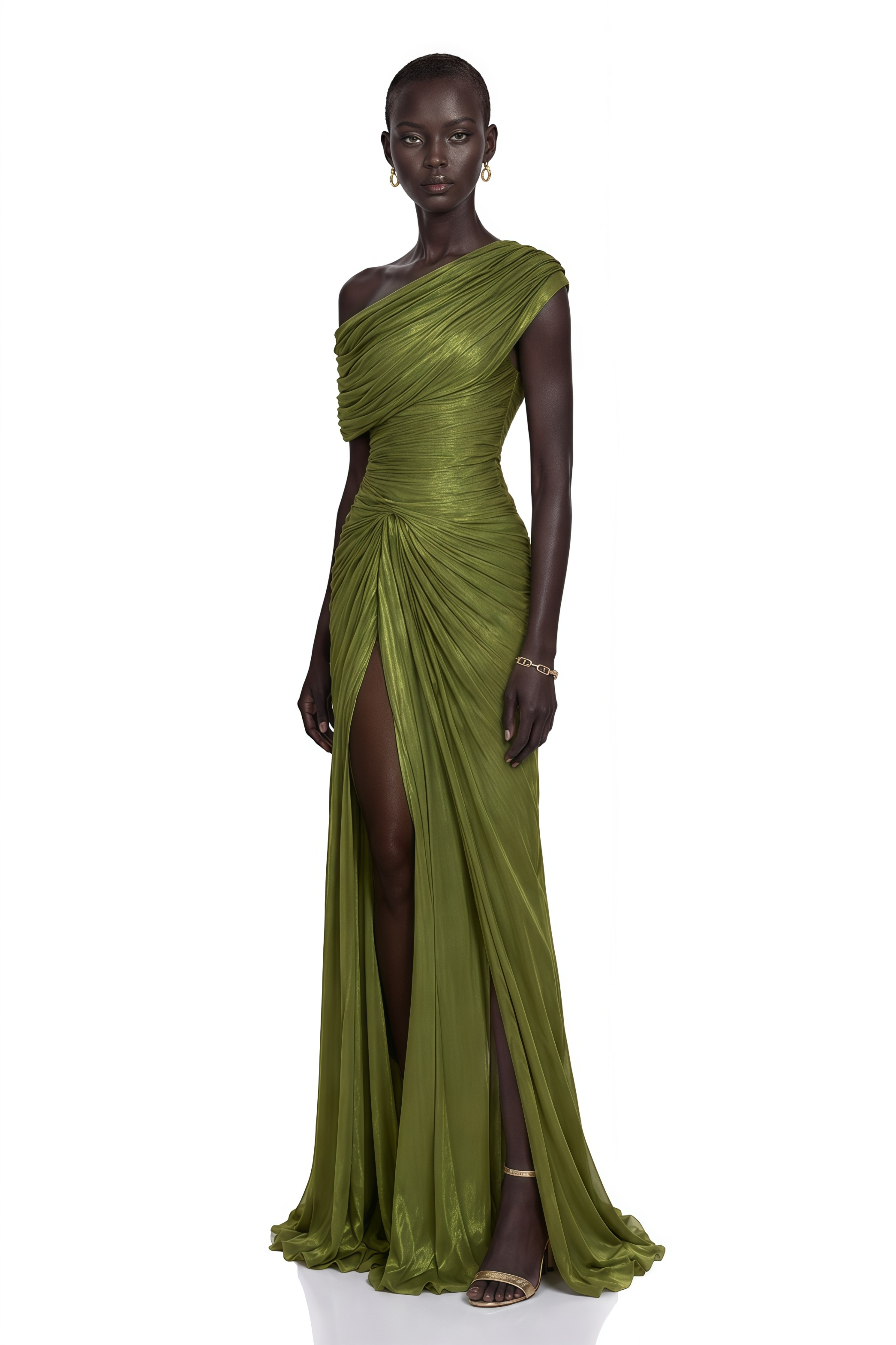 Elliott Olive One-Shoulder Ruched Maxi Dress with Slit