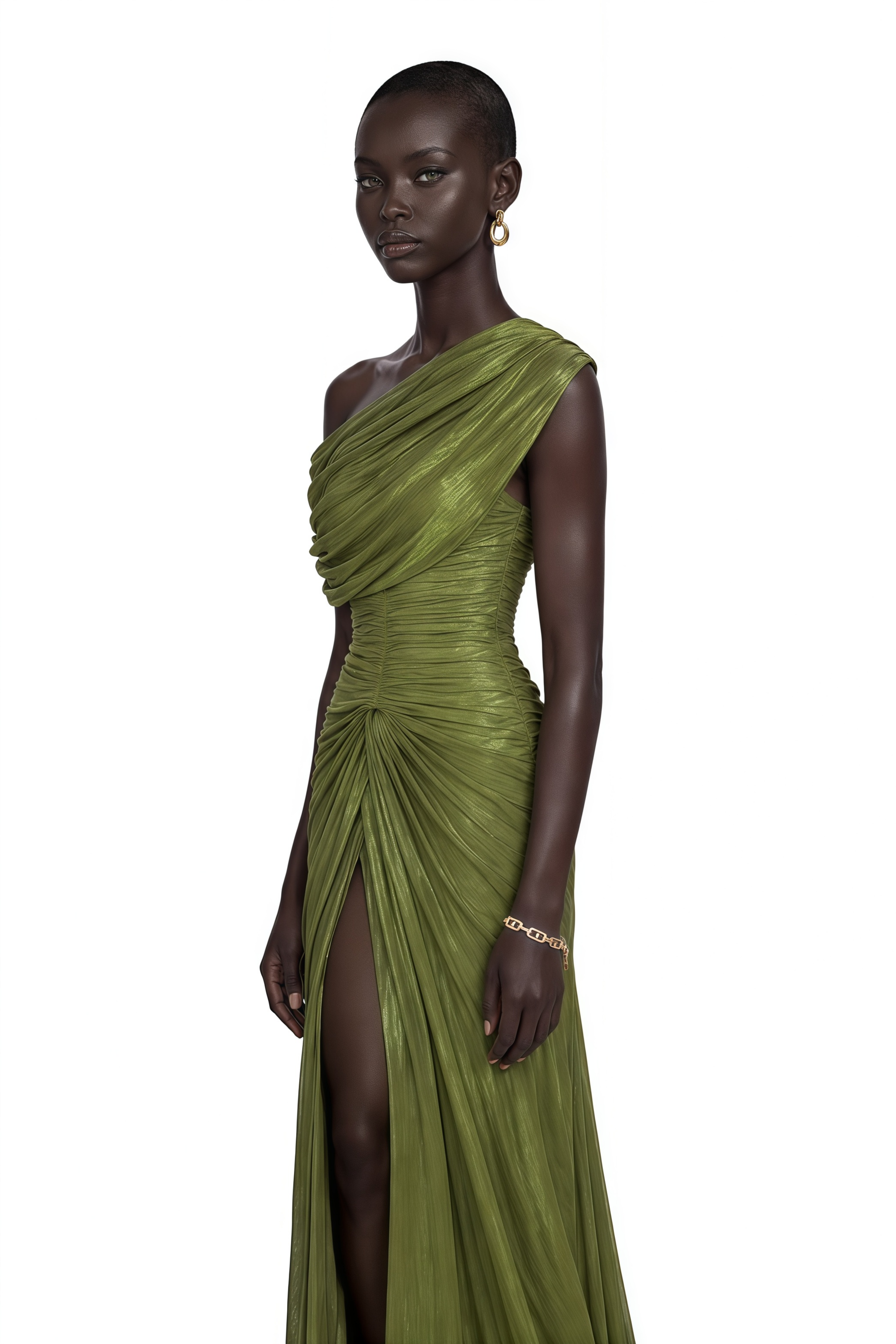 Elliott Olive One-Shoulder Ruched Maxi Dress with Slit
