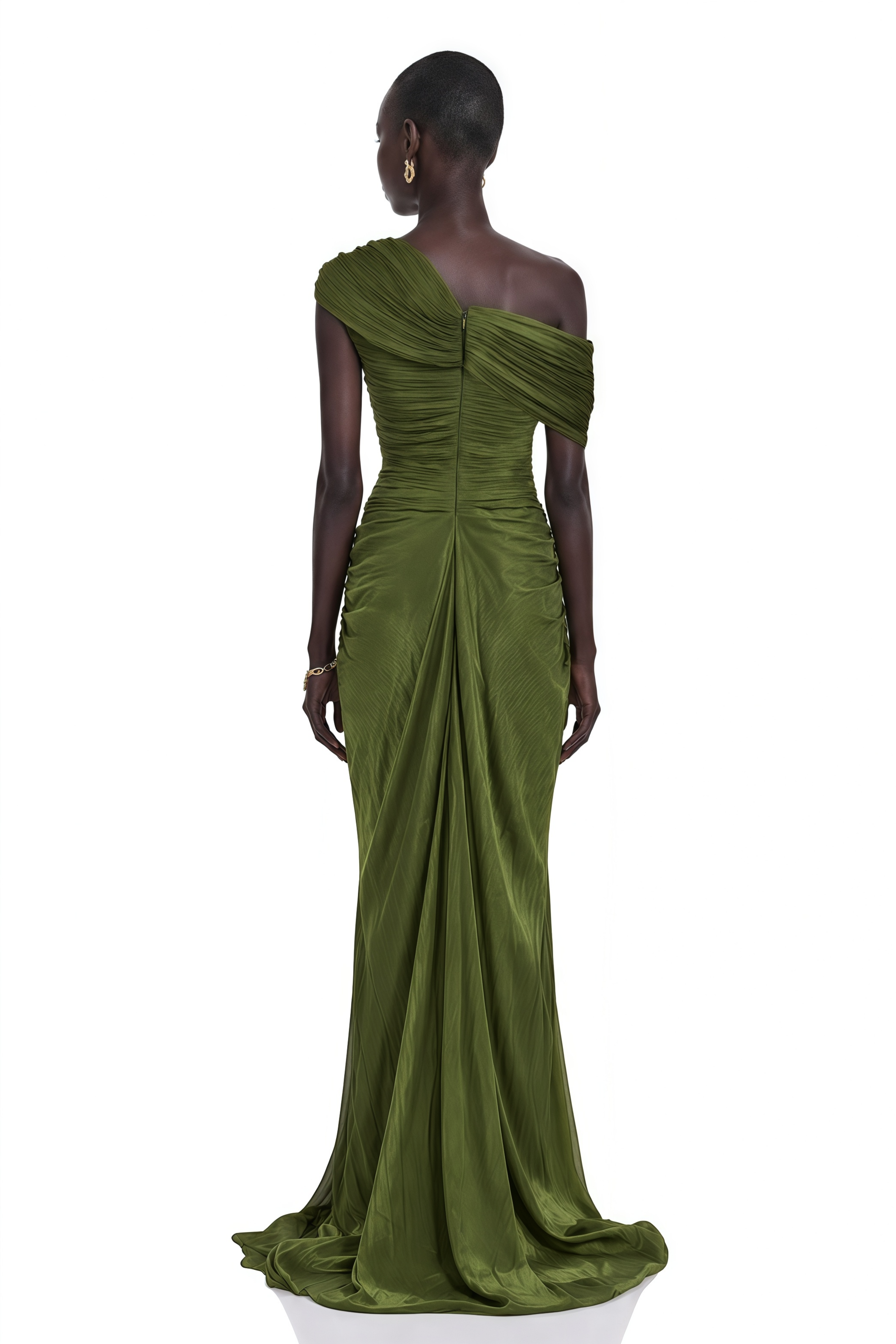 Elliott Olive Green One-Shoulder Ruched Maxi Dress with Slit