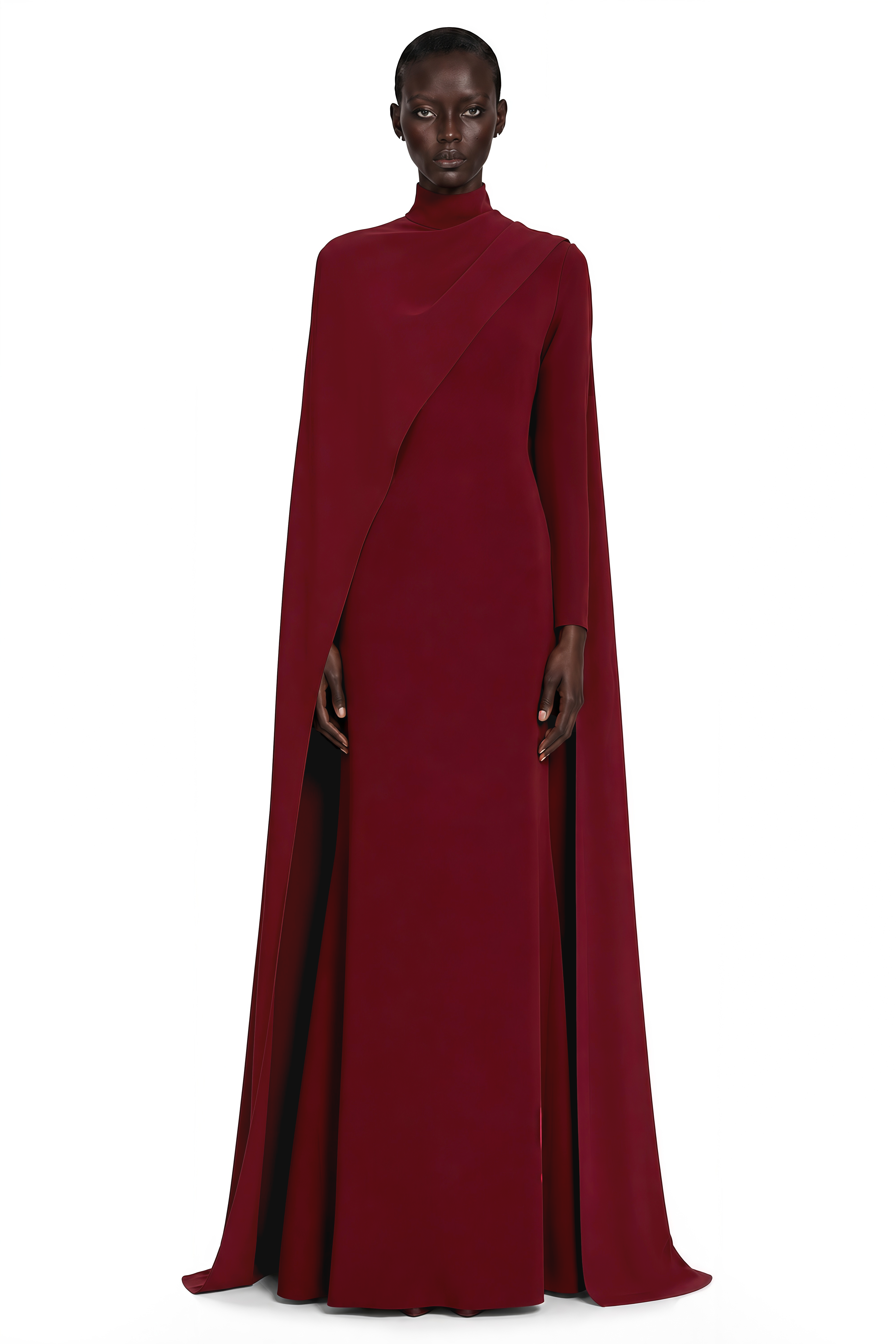 Burgundy high-neck maxi dress with long sleeves and an asymmetric floor-length cape overlay