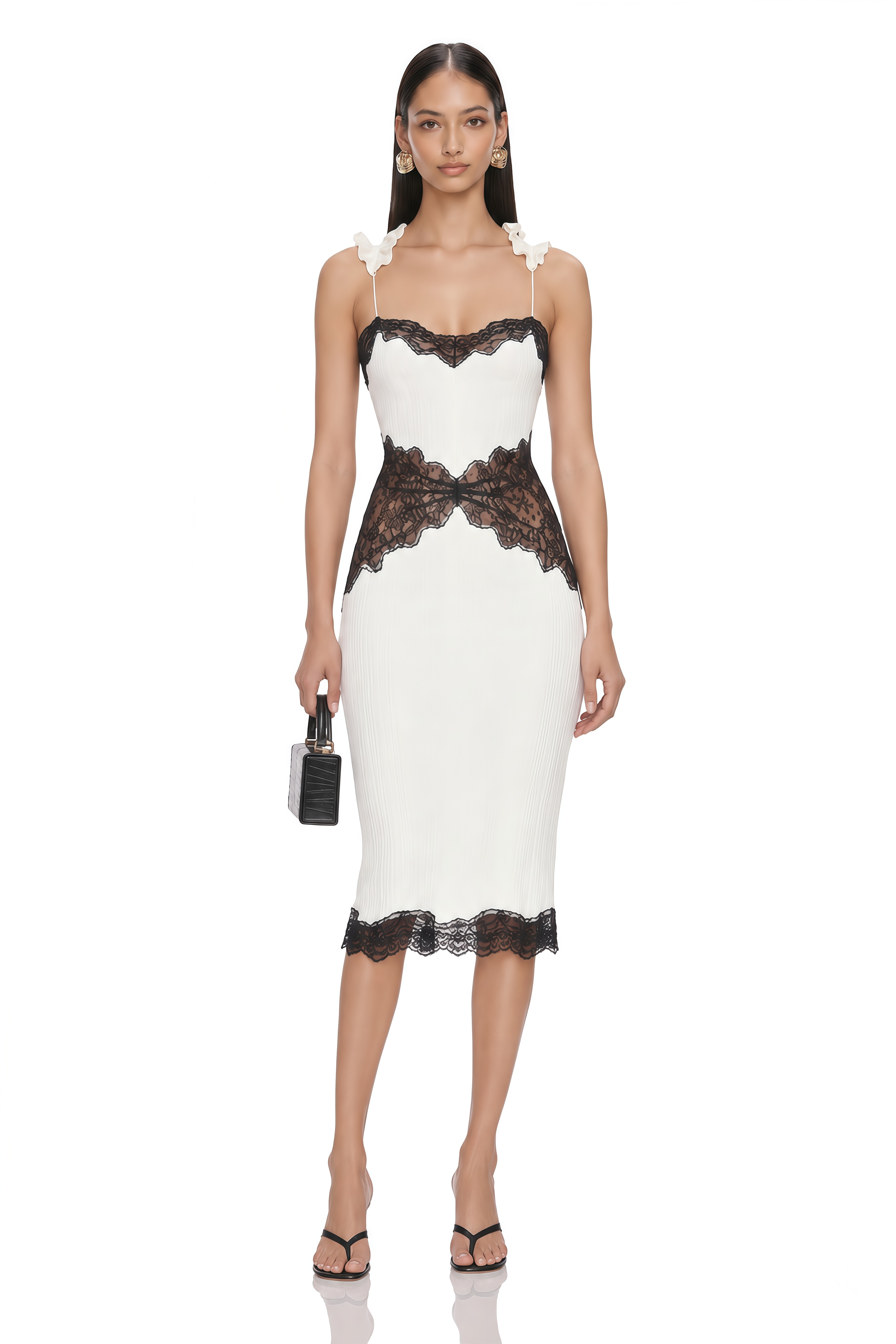 Elodie Ivory Contrast Lace Ruffle Strap Midi Dress