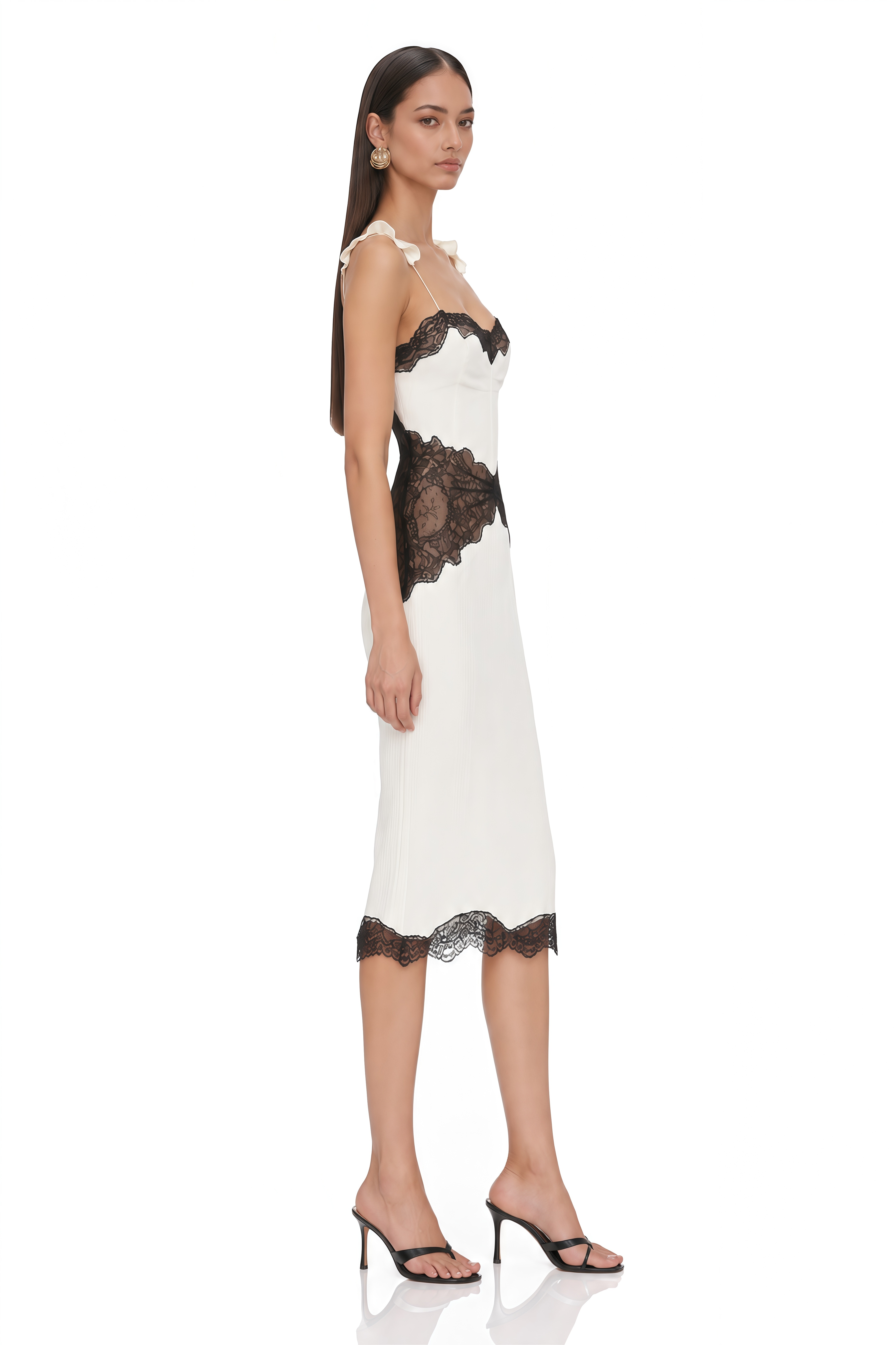 Elodie Ivory Contrast Lace Ruffle Strap Midi Dress