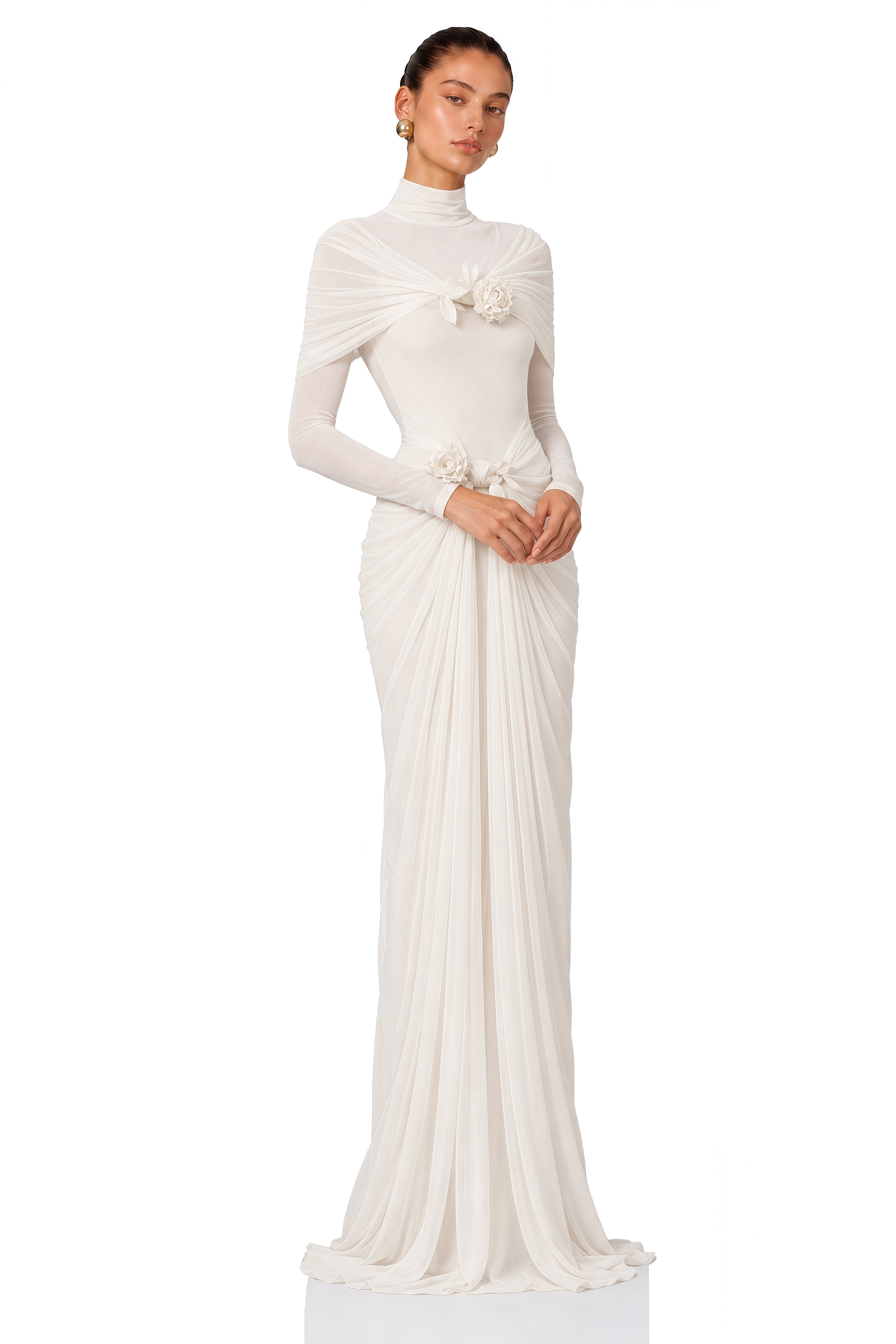 Elodie Ivory High Neck Floral Draped Maxi Dress