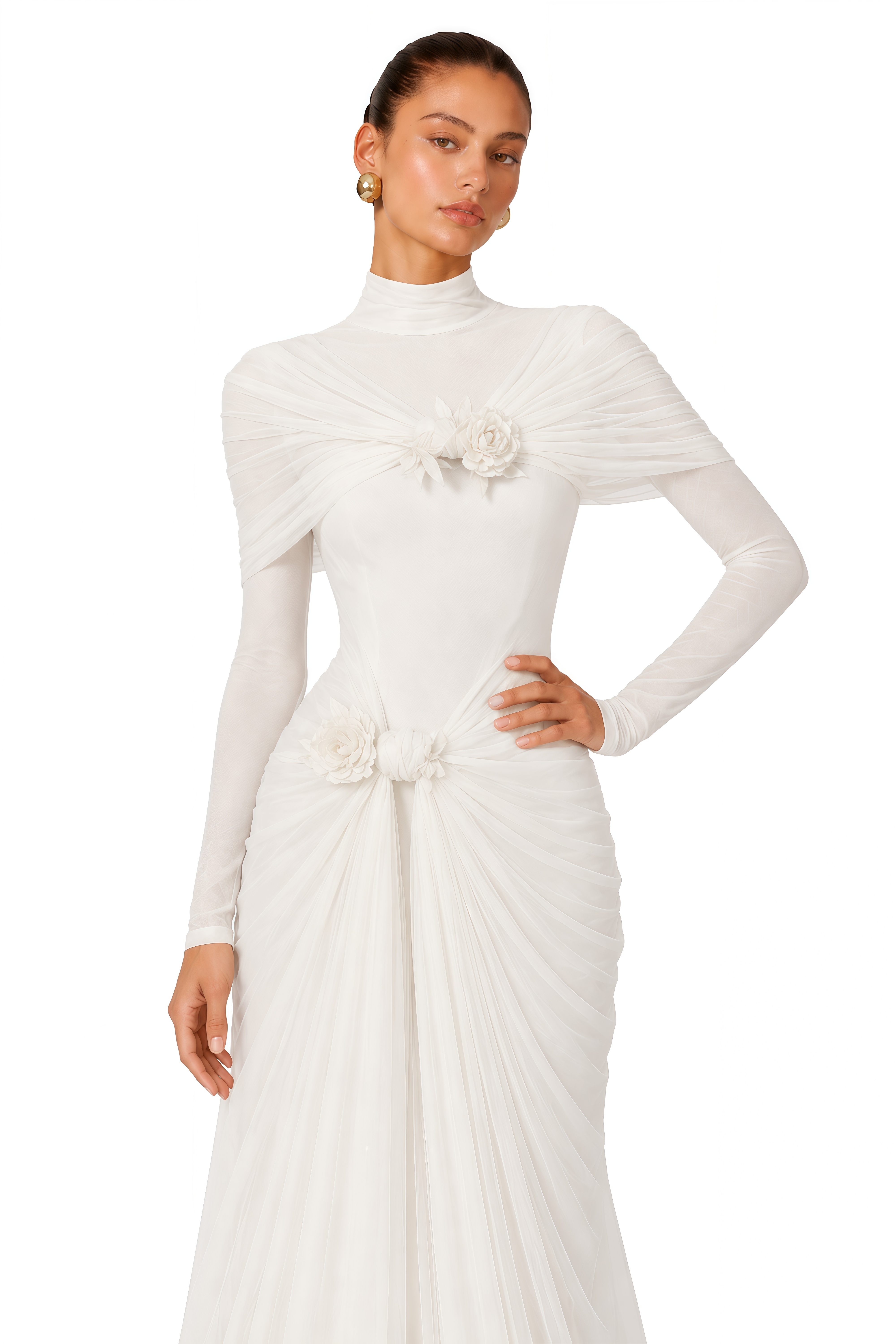 Elodie Ivory High Neck Floral Draped Maxi Dress